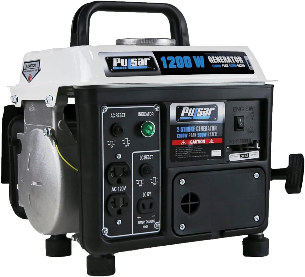Pulsar 1,200W Carrying Handle, PG1202SA Gas-Powered Portable Generator, 1200W, Black/White