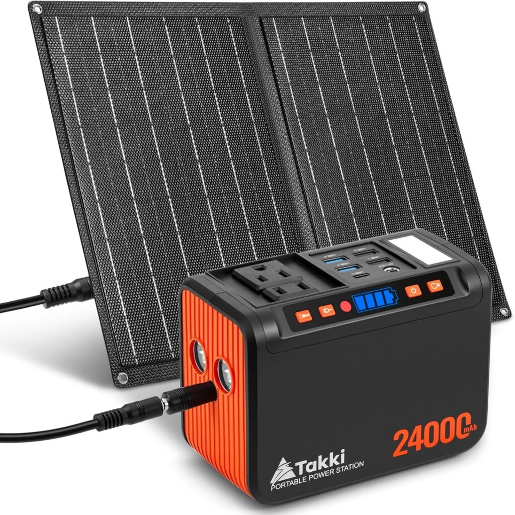 Takki 120W Peak Solar Generator Portable Power Station with 21W Panels, 88Wh Solar Charger Power Bank AC DC USB Ports for Camping Tent Laptop Outdoor Emergency Takki 120W Peak Solar Generator Portable Power Station with 21W Panels, 88Wh Solar Charger Power Bank AC DC USB Ports for Camping Tent Laptop Outdoor Emergency