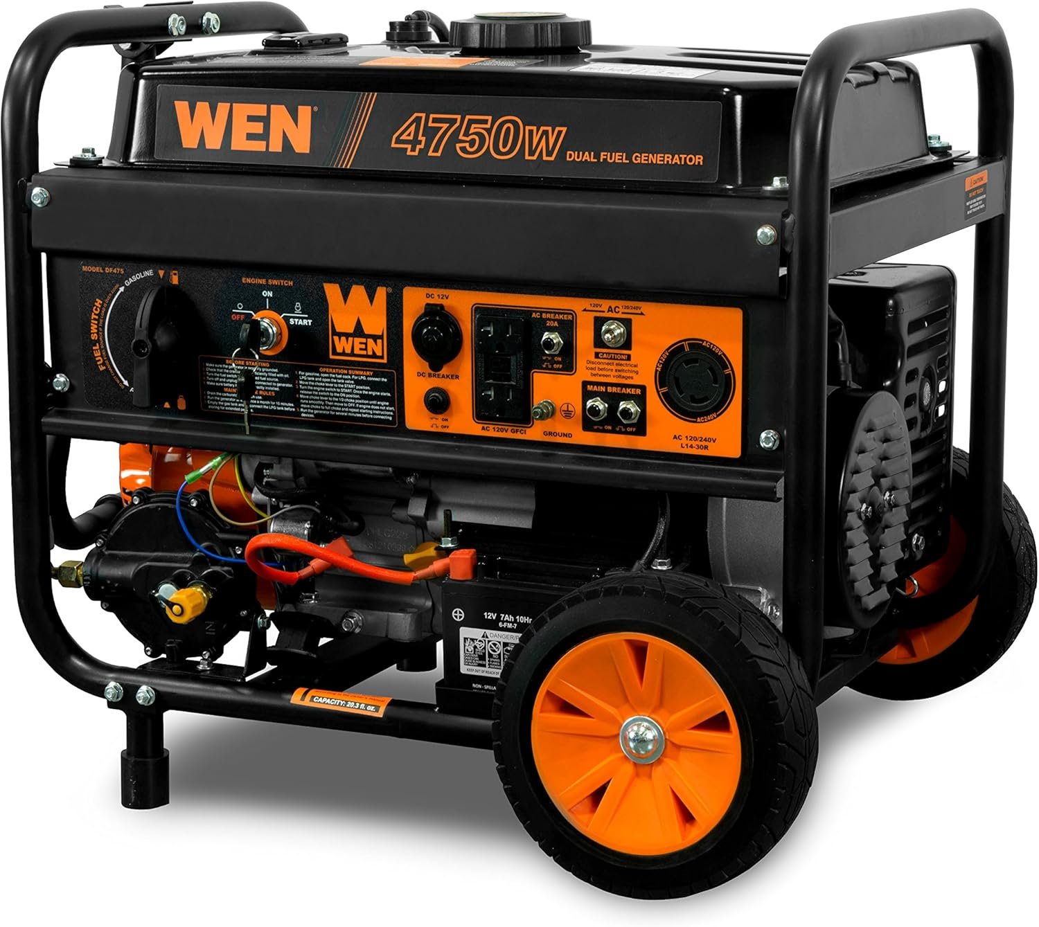 Wen 4750 watt 120v240v dual fuel portable generator with wheel kit and electric start df475t