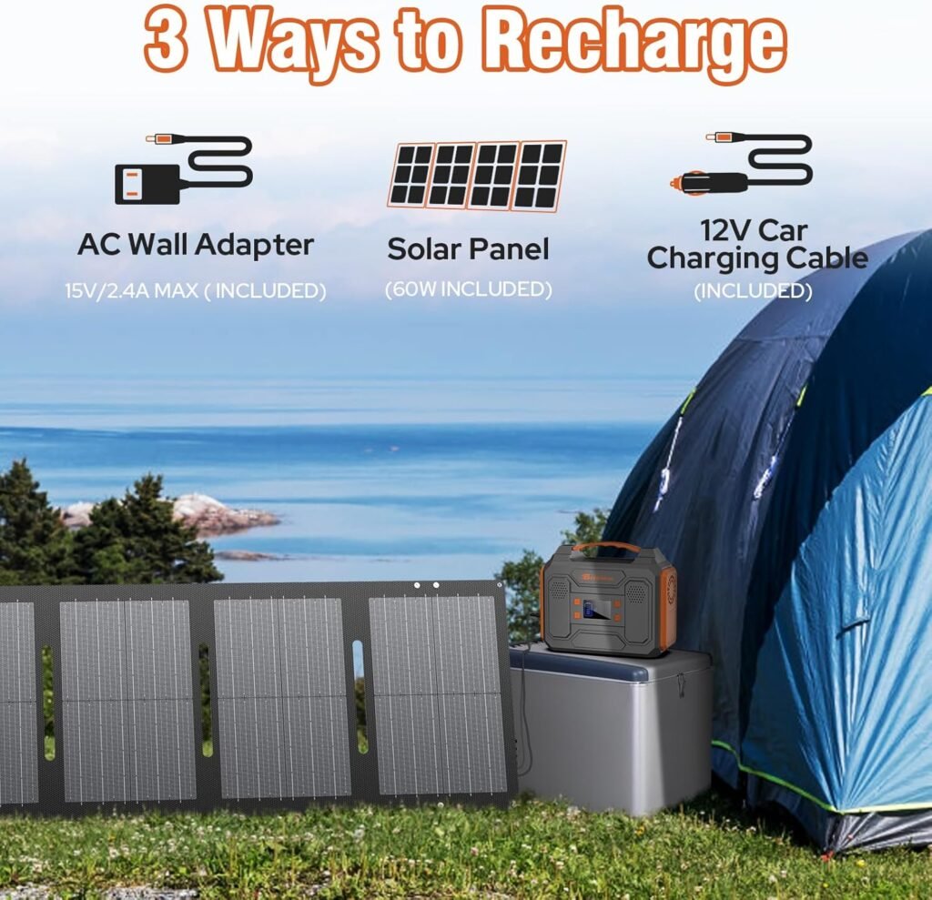 300W Portable Solar Powered Power Station Generator with 60W Panel, 120W 110V Outdoor Solar Power Pack with USB C Input for Home Use RV Van VanLife Power Outage
