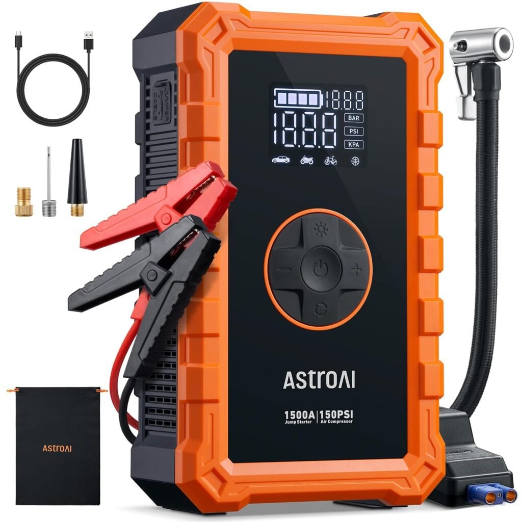AstroAI S8 Air Jump Starter with Air Compressor, 1500A Peak Car Battery Jump Starter Portable (6.0 Gas/3.0L Diesel) with 150PSI Cordless Auto-Shutoff Tire Inflator, 12V Battery Charger Booster(Orange)