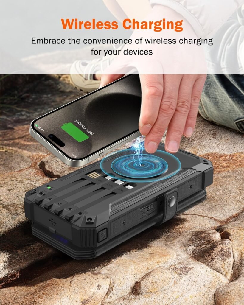 GOODaaa Power Bank Wireless Charger 36800mAh Solar Charger with Five Solar Panels Built-in Four Cable Five Outputs Portable Power Bank for Cell Phone with Dual Flashlights, Carabiner