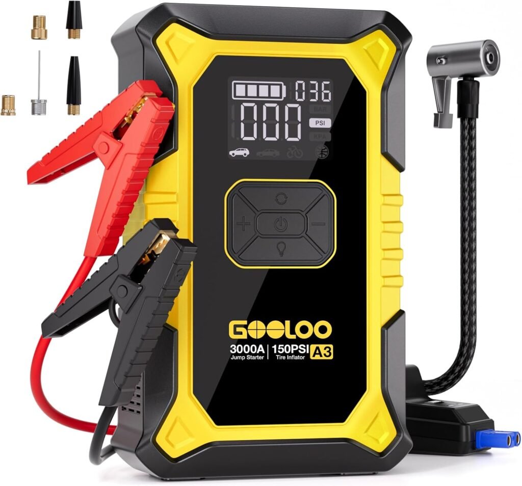 GOOLOO A3 Jump Starter with Air Compressor, 3000A Portable Car Battery Booster (9.0 Gas/6.5L Diesel) with 150PSI Auto-Shutoff Tire Inflator, 12V Supersafe Lithium Jump Box Car Battery Jumper Starter