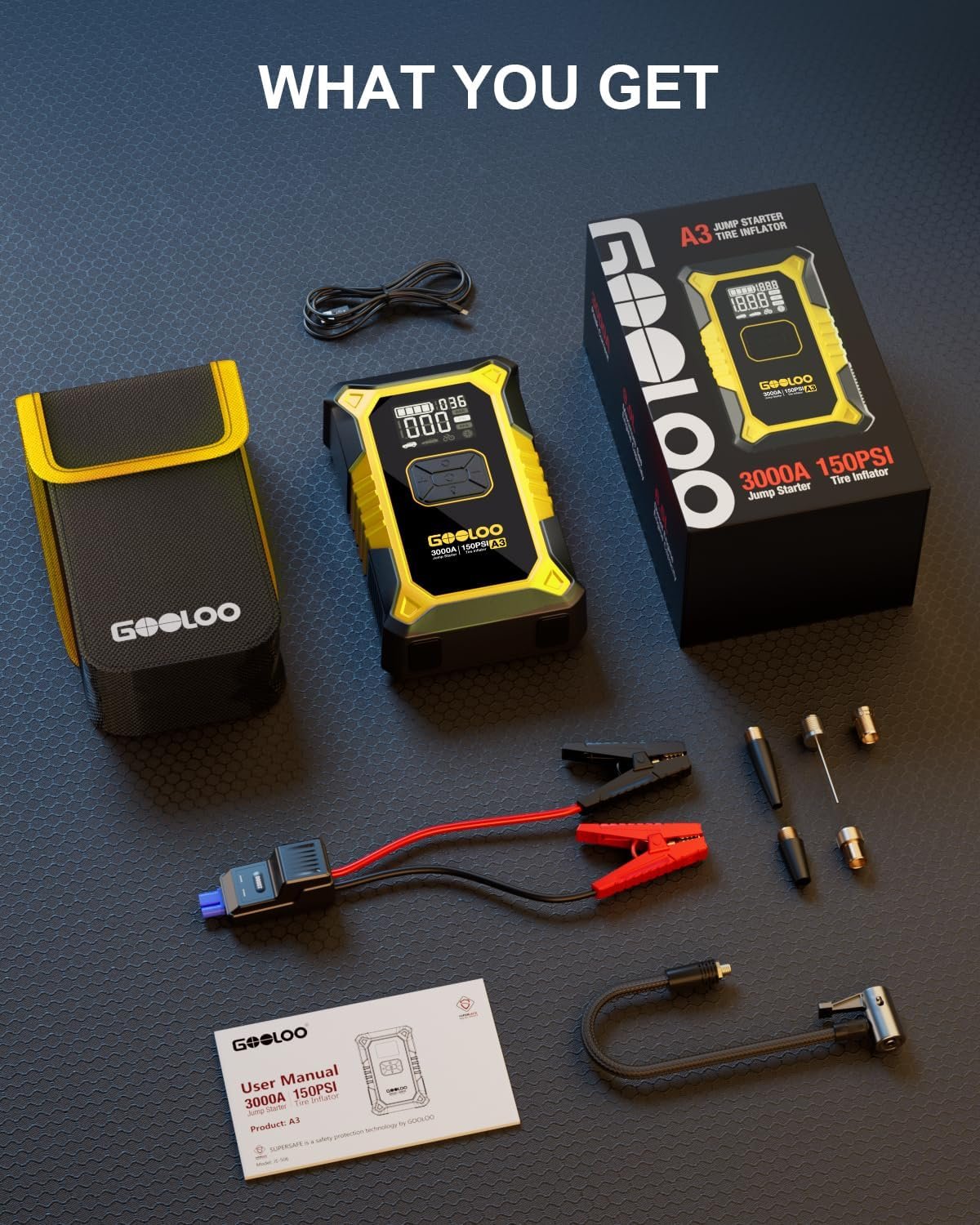 Gooloo a3 jump starter with air compressor 3000a portable car battery booster 90 gas65l diesel with 150psi auto shutoff 1 3