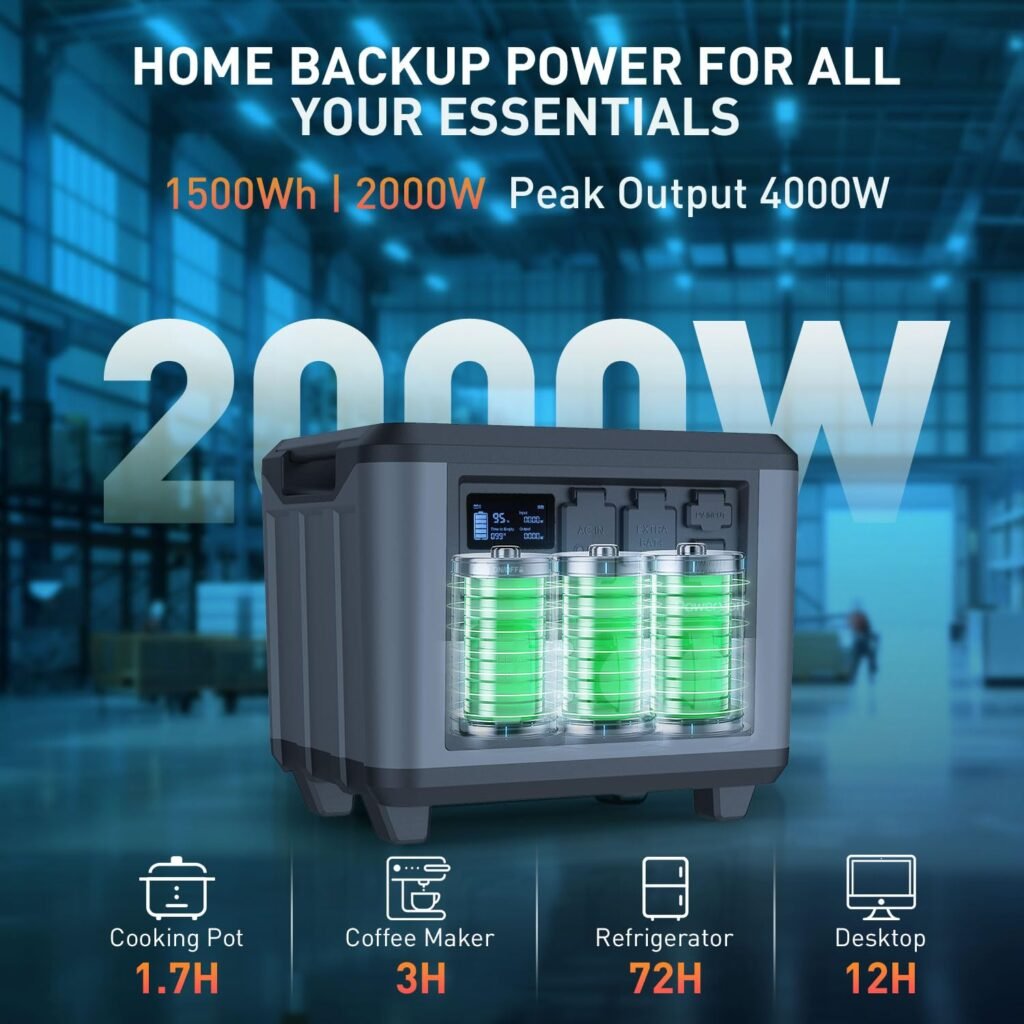 Portable Power Station, 2000W(Peak 4000W) Solar Generator, 1500Wh, 1.5 Hrs Full Charging LiFePO4 Battery Backup Solar Powered Generator for Home Emergency Camping RV