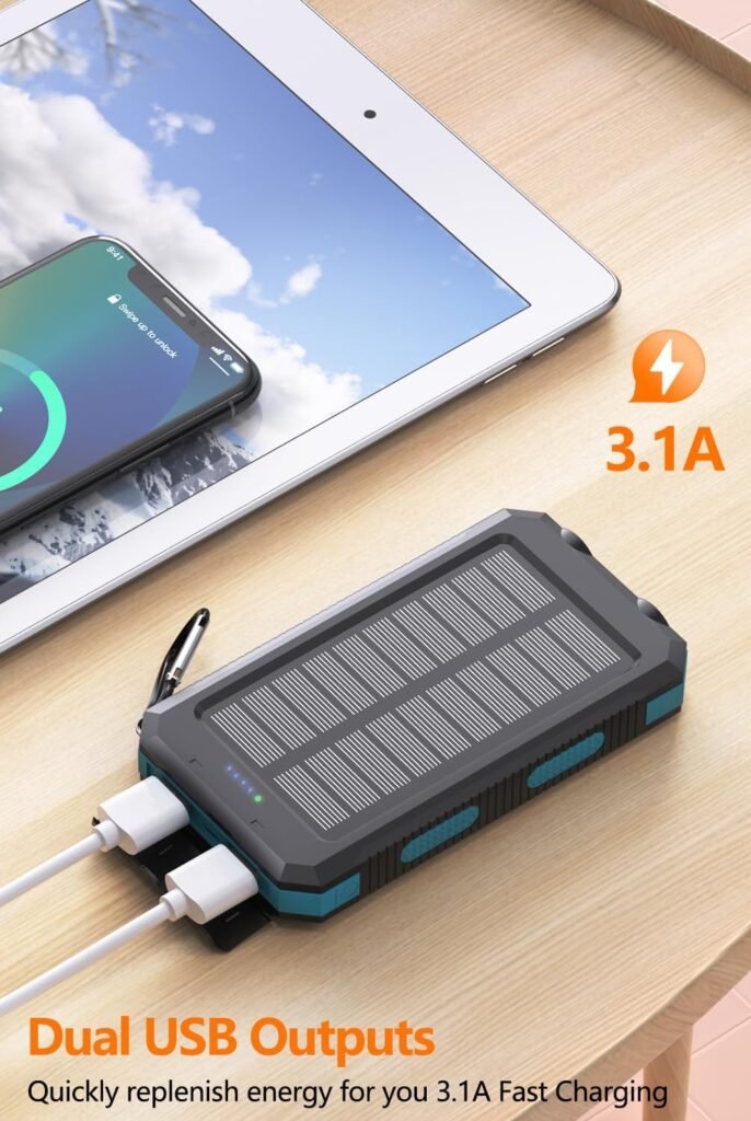 Power Bank 36800mAh Solar Portable Charger with USB-C 5V/3.1A Fast Charging Compatible with iPhone, with 2 LED Flashlights and IPX5 Waterproof External Backup Battery Pack Perfect for Camping, Hiking