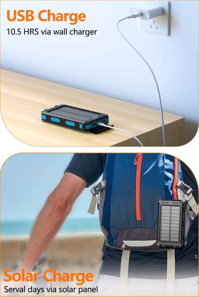 Power Bank 36800mAh Solar Portable Charger with USB-C 5V/3.1A Fast Charging Compatible with iPhone, with 2 LED Flashlights and IPX5 Waterproof External Backup Battery Pack Perfect for Camping, Hiking
