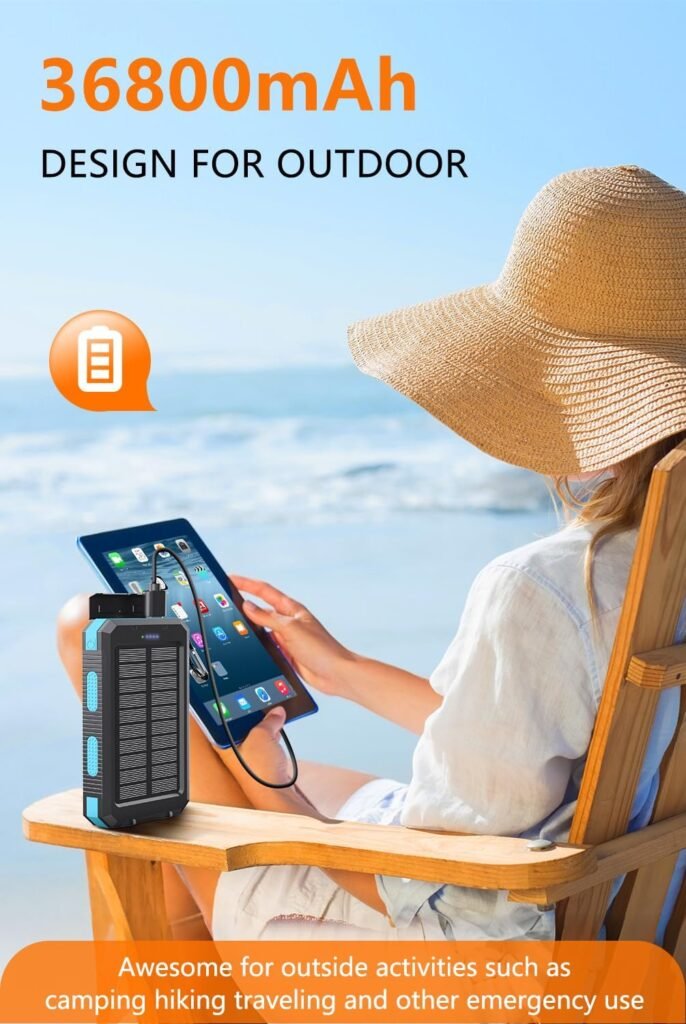 Power Bank 36800mAh Solar Portable Charger with USB-C 5V/3.1A Fast Charging Compatible with iPhone, with 2 LED Flashlights and IPX5 Waterproof External Backup Battery Pack Perfect for Camping, Hiking