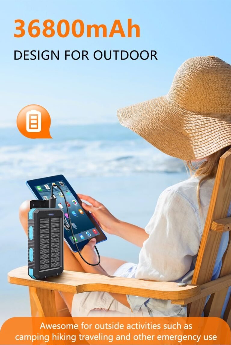 Power bank 36800mah solar portable charger with usb c 5v31a fast charging compatible with iphone with 2 led flashlights 1 3
