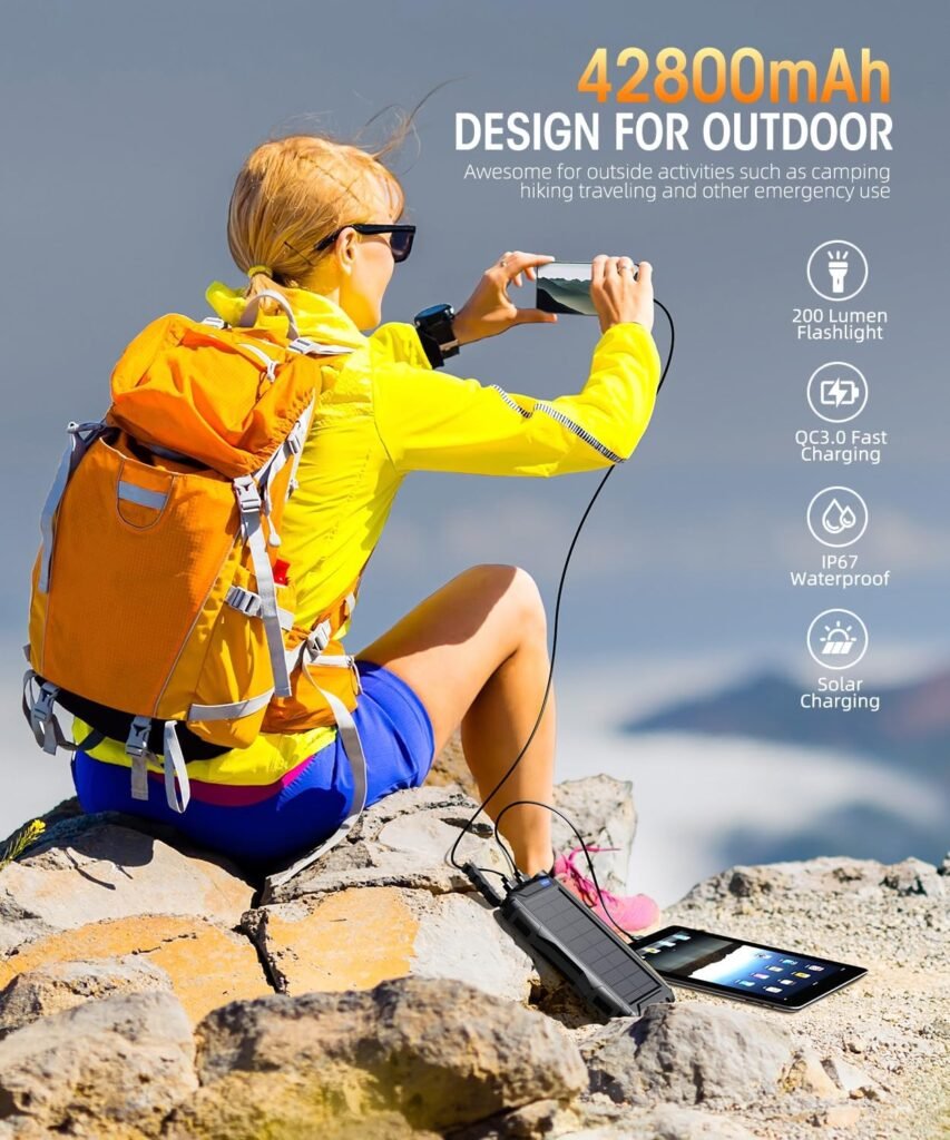 Power-Bank-Solar-Charger - 42800mAh Portable Charger,Solar Power Bank,External Battery Pack 5V3.1A Qc 3.0 Fast Charger Built-in Super Bright Flashlight (Orange)