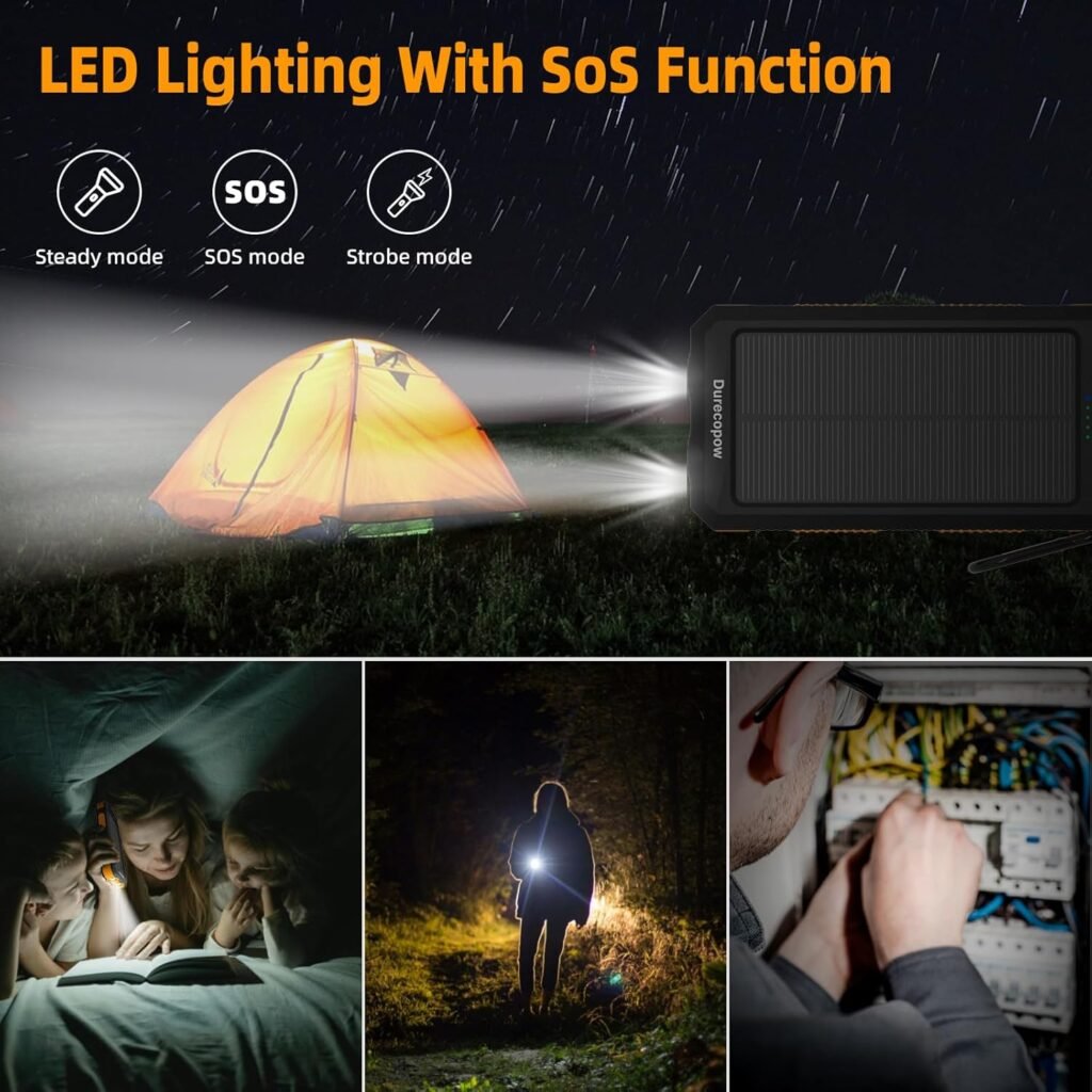 Solar Charger Power Bank 20,000mAh, Portable Charger, 4 Cables 3 Ports Fast Charging External Battery Pack with USB C for Cell Phones, Solar Panel Charger with Dual Flashlight for Camping