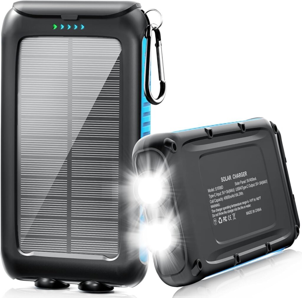 Solar-Charger-Power-Bank-49800mAh Portable Solar Phone Charger with LED Flashlight/15W Fast Charge USB C Waterproof External Backup Battery Pack for All Cell Phones  Electronic Devices