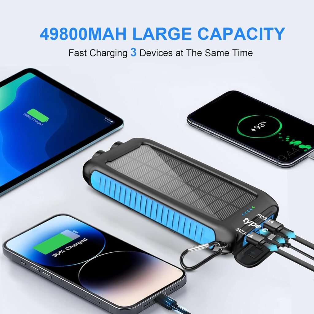 Solar-Charger-Power-Bank-49800mAh Portable Solar Phone Charger with LED Flashlight/15W Fast Charge USB C Waterproof External Backup Battery Pack for All Cell Phones  Electronic Devices