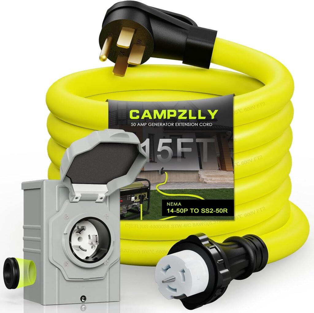 50 Amp Generator Cord 15FT and Power Inlet Box, NEMA 14-50P Male to SS2-50R 125/250V Twist Lock Connector with Pre-Drilled NEMA SS2-50P Generator Inlet Box for Generator to House, ETL Listed 50 Amp Generator Cord 15FT and Power Inlet Box, NEMA 14-50P Male to SS2-50R 125/250V Twist Lock Connector with Pre-Drilled NEMA SS2-50P Generator Inlet Box for Generator to House, ETL Listed