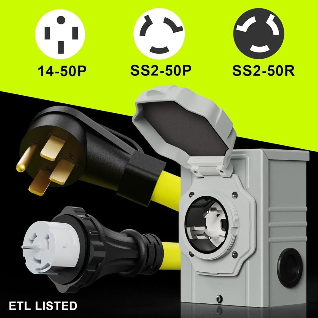 50 Amp Generator Cord 15FT and Power Inlet Box, NEMA 14-50P Male to SS2-50R 125/250V Twist Lock Connector with Pre-Drilled NEMA SS2-50P Generator Inlet Box for Generator to House, ETL Listed 50 Amp Generator Cord 15FT and Power Inlet Box, NEMA 14-50P Male to SS2-50R 125/250V Twist Lock Connector with Pre-Drilled NEMA SS2-50P Generator Inlet Box for Generator to House, ETL Listed