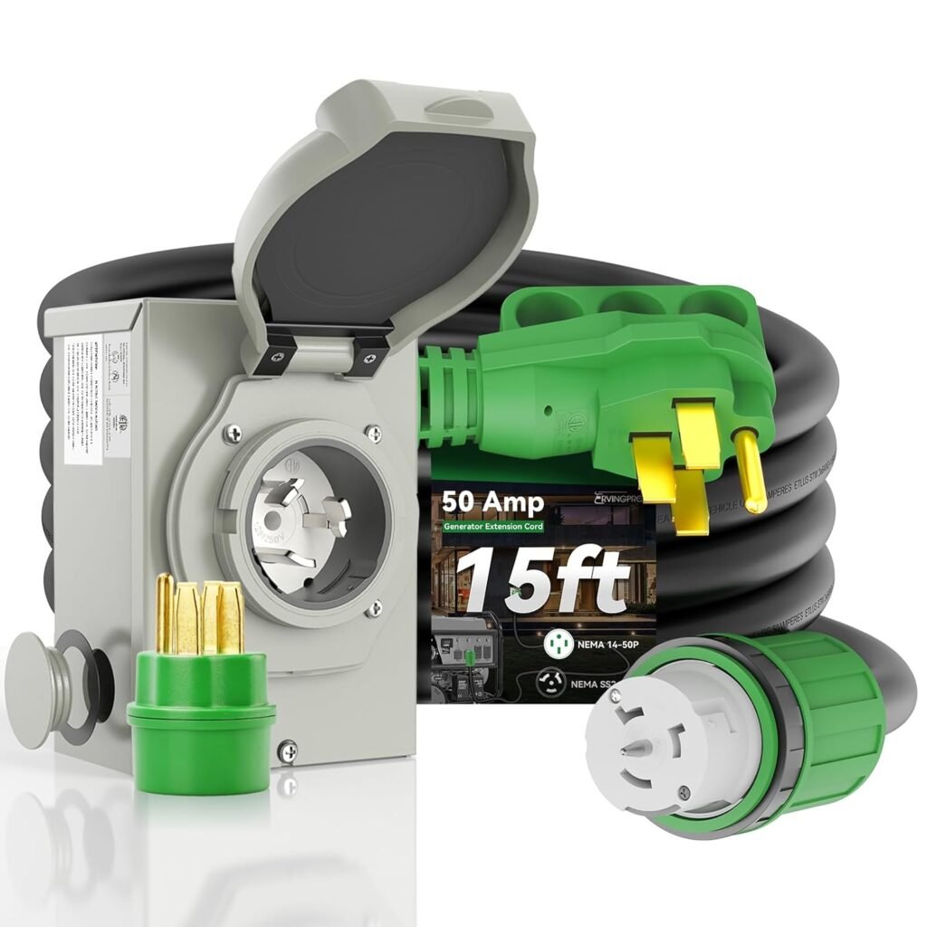 50 Amp Generator Cord 15FT and Power Inlet Box, Pre-Drilled 50 Amp Generator Inlet Box with Cord, NEMA 14-50P to SS2-50R Generator Cord Waterproof Combo Kit, ETL Listed 50 Amp Generator Cord 15FT and Power Inlet Box, Pre-Drilled 50 Amp Generator Inlet Box with Cord, NEMA 14-50P to SS2-50R Generator Cord Waterproof Combo Kit, ETL Listed