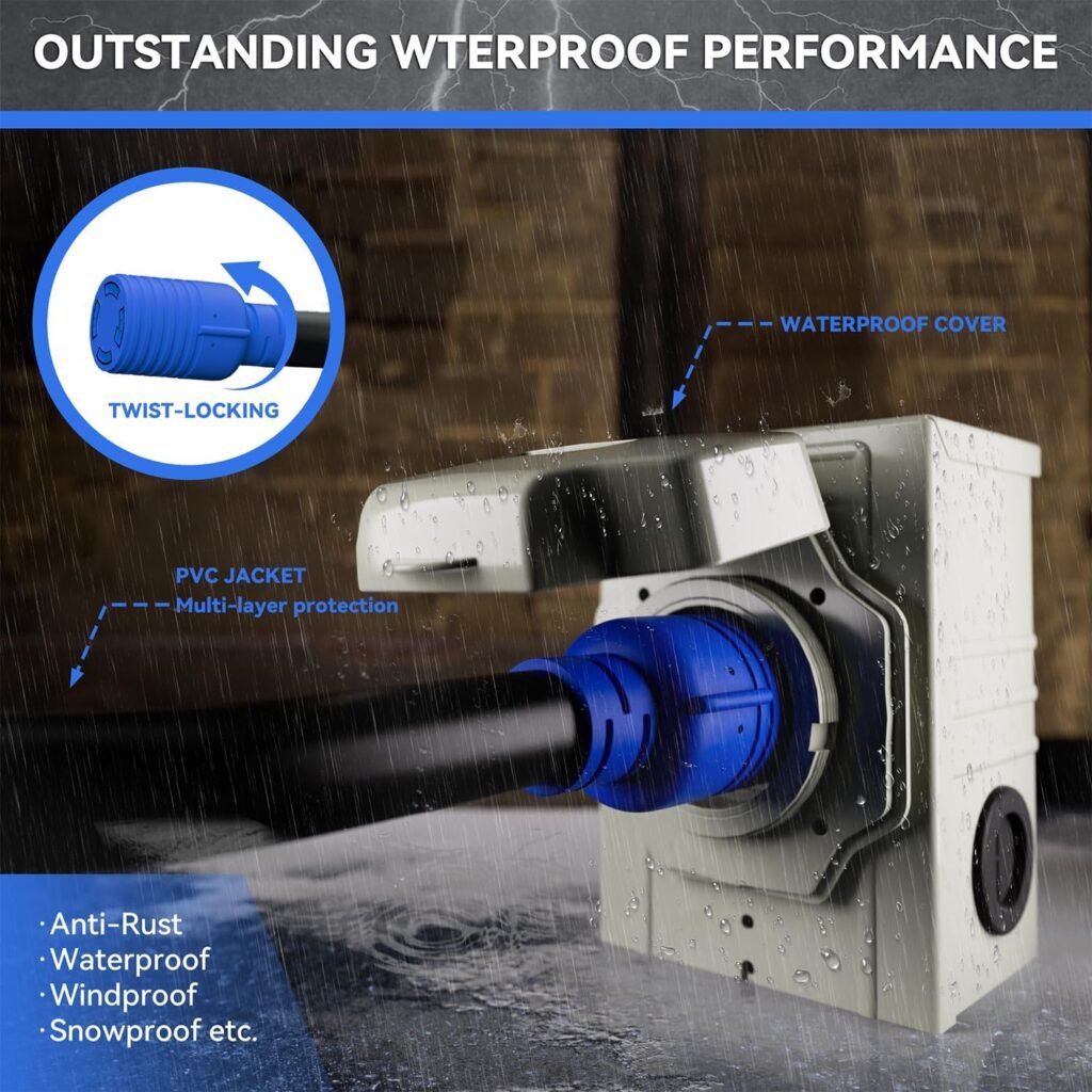 50AMP 15FT Generator Cord with Pre-Drilled Power Inlet Box, 125V/250V NEMA 14-50P to SS2-50R, STW 6/3+8/1 AWG Generator Cord and Twist Locking with Inlet Box, Waterproof Combo Kit, ULETL Listed 50AMP 15FT Generator Cord with Pre-Drilled Power Inlet Box, 125V/250V NEMA 14-50P to SS2-50R, STW 6/3+8/1 AWG Generator Cord and Twist Locking with Inlet Box, Waterproof Combo Kit, ULETL Listed