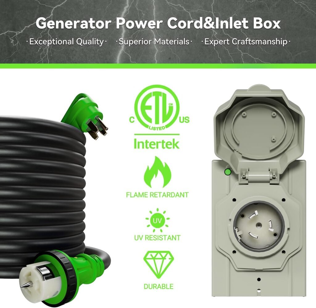 50AMP 15FT Generator Cord with Pre-Drilled Power Inlet Box, 125V/250V NEMA 14-50P to SS2-50R, STW 6/3+8/1 AWG Generator Cord and Twist Locking with Inlet Box, Waterproof Combo Kit, ULETL Listed 50AMP 15FT Generator Cord with Pre-Drilled Power Inlet Box, 125V/250V NEMA 14-50P to SS2-50R, STW 6/3+8/1 AWG Generator Cord and Twist Locking with Inlet Box, Waterproof Combo Kit, ULETL Listed