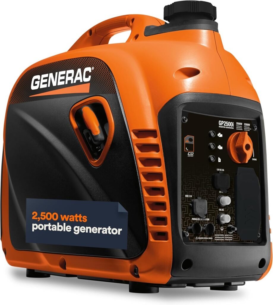 Generac 2,500-Watt Gas Powered Portable Inverter Generator - Compact and Lightweight Design - Produces Clean, Stable Power - COsense Technology - Perfect for Home use - Orange/Black