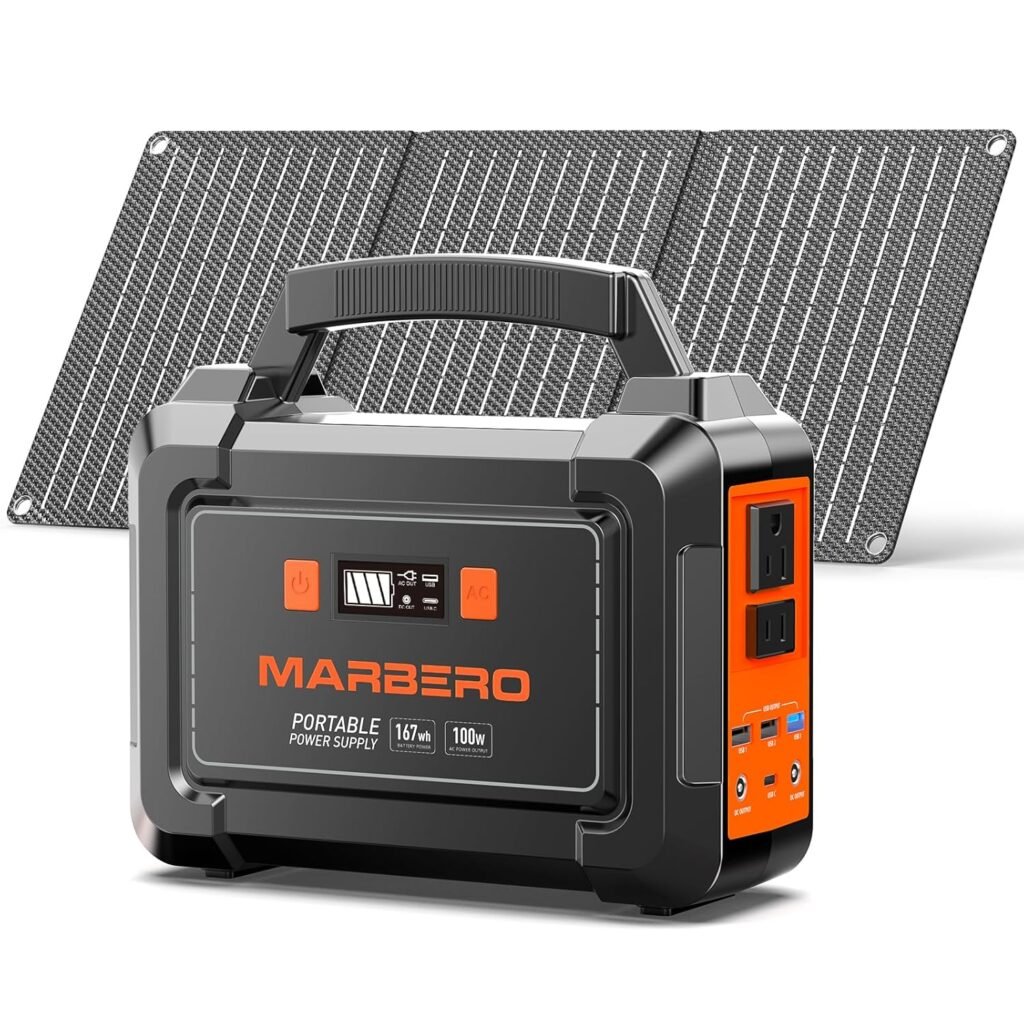 MARBERO Solar Generator 167Wh Camping Portable Power Station 200W Peak with Foldable Solar Panels 30W with AC Outlet 110V Multi-Port LED Flashlights for CPAP Home Camping Hurricane Emergency MARBERO Solar Generator 167Wh Camping Portable Power Station 200W Peak with Foldable Solar Panels 30W with AC Outlet 110V Multi-Port LED Flashlights for CPAP Home Camping Hurricane Emergency