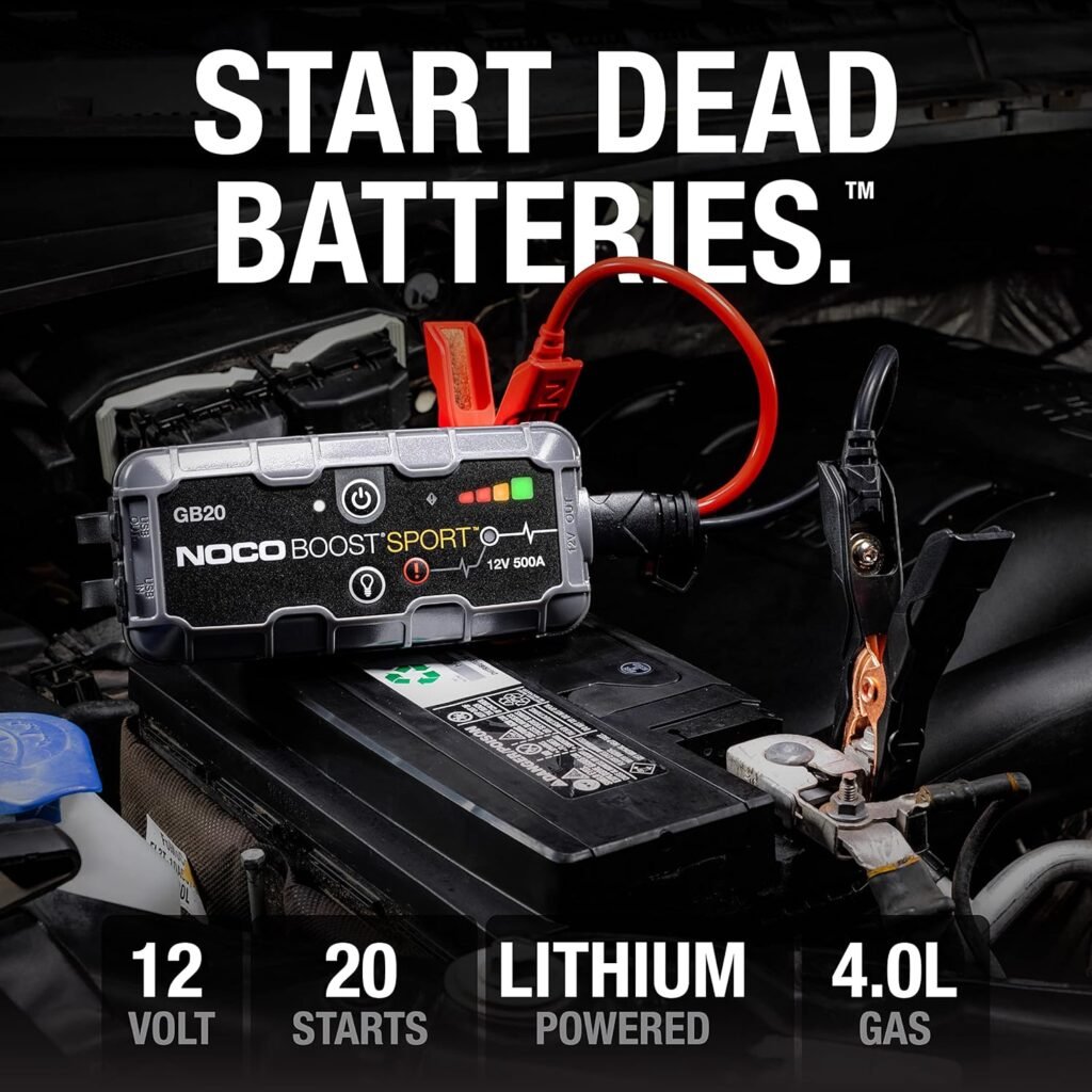 NOCO Boost GB20: 500A UltraSafe Jump Starter – 12V Lithium Battery Booster Pack, Portable Jump Box, Power Bank  Jumper Cables - for 4.0L Gas Engines NOCO Boost GB20: 500A UltraSafe Jump Starter – 12V Lithium Battery Booster Pack, Portable Jump Box, Power Bank  Jumper Cables - for 4.0L Gas Engines