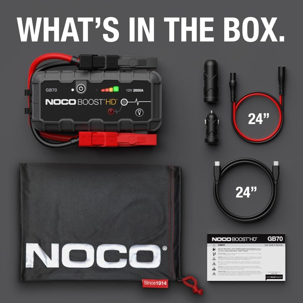 NOCO Boost GB70: 2000A UltraSafe Jump Starter – 12V Lithium Battery Booster Pack, Portable Jump Box, Power Bank  Jumper Cables - for 8.0L Gas and 6.0L Diesel Engines NOCO Boost GB70: 2000A UltraSafe Jump Starter – 12V Lithium Battery Booster Pack, Portable Jump Box, Power Bank  Jumper Cables - for 8.0L Gas and 6.0L Diesel Engines