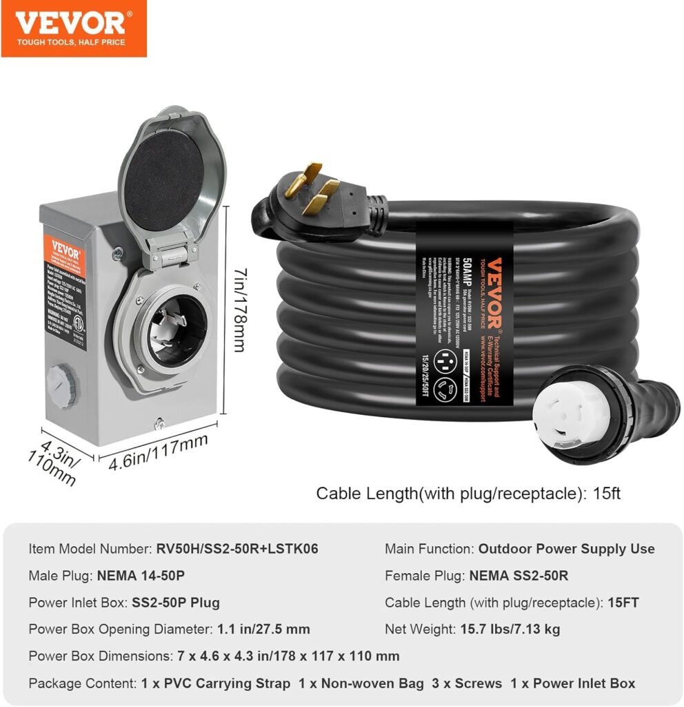 VEVOR 30 Amp Generator Cord and Power Inlet Box Kit, 25 FT Generator Extension Cord NEMA L14-30P/L14-30R STW 10 AWG with Twist Lock Connector, Pre-Drilled Inlet Box, ETL Listed VEVOR 30 Amp Generator Cord and Power Inlet Box Kit, 25 FT Generator Extension Cord NEMA L14-30P/L14-30R STW 10 AWG with Twist Lock Connector, Pre-Drilled Inlet Box, ETL Listed