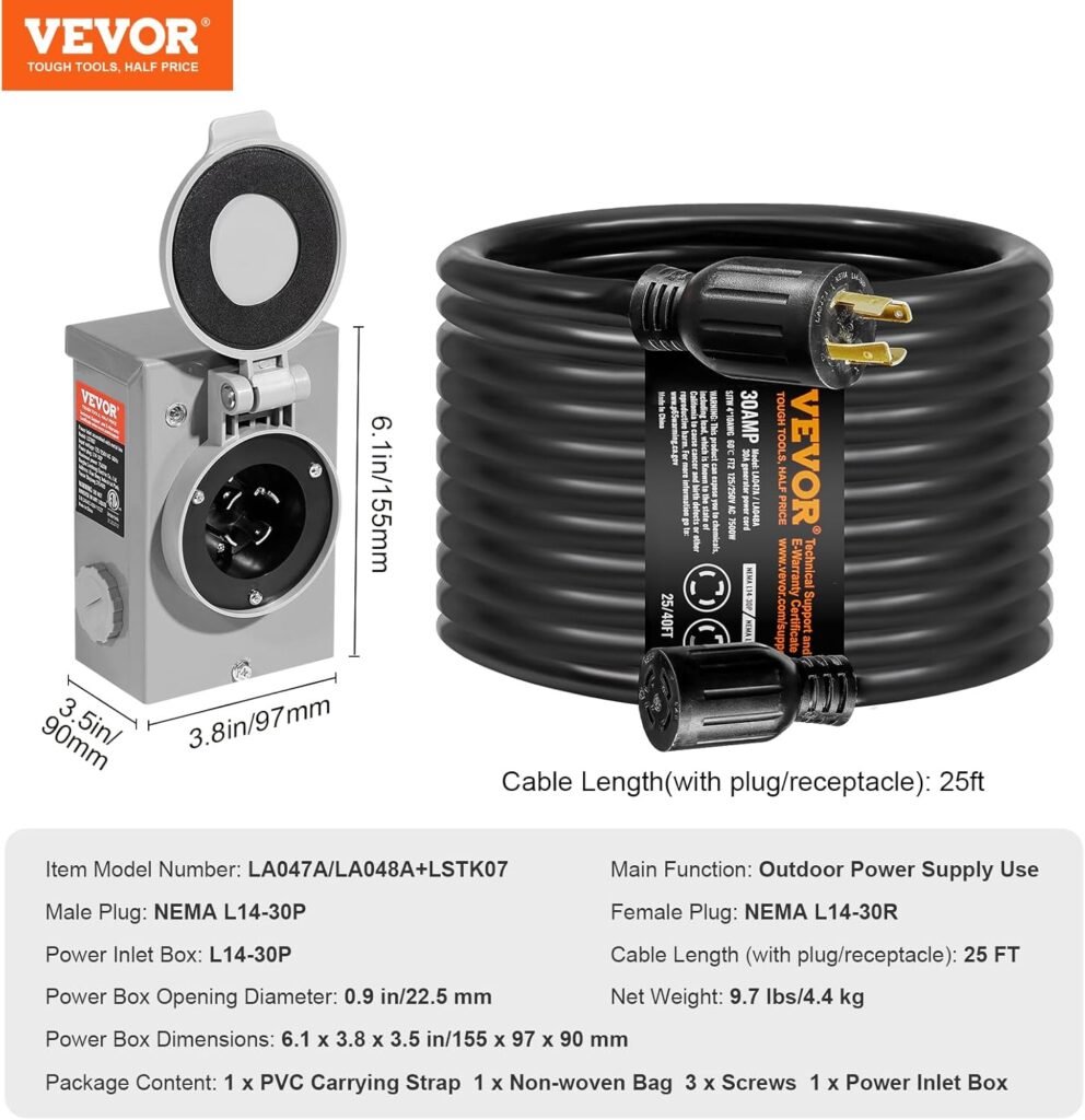 VEVOR 30 Amp Generator Cord and Power Inlet Box Kit, 25 FT Generator Extension Cord NEMA L14-30P/L14-30R STW 10 AWG with Twist Lock Connector, Pre-Drilled Inlet Box, ETL Listed VEVOR 30 Amp Generator Cord and Power Inlet Box Kit, 25 FT Generator Extension Cord NEMA L14-30P/L14-30R STW 10 AWG with Twist Lock Connector, Pre-Drilled Inlet Box, ETL Listed