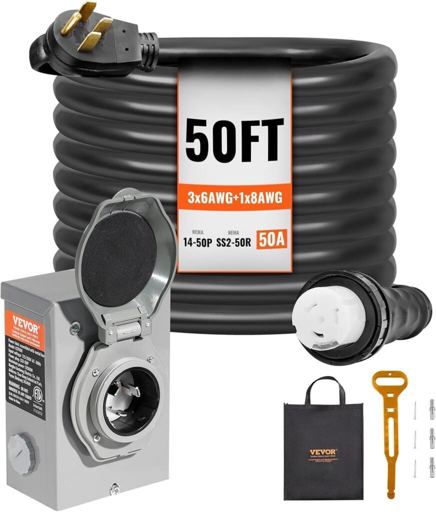 VEVOR 30 Amp Generator Cord and Power Inlet Box Kit, 25 FT Generator Extension Cord NEMA L14-30P/L14-30R STW 10 AWG with Twist Lock Connector, Pre-Drilled Inlet Box, ETL Listed VEVOR 30 Amp Generator Cord and Power Inlet Box Kit, 25 FT Generator Extension Cord NEMA L14-30P/L14-30R STW 10 AWG with Twist Lock Connector, Pre-Drilled Inlet Box, ETL Listed