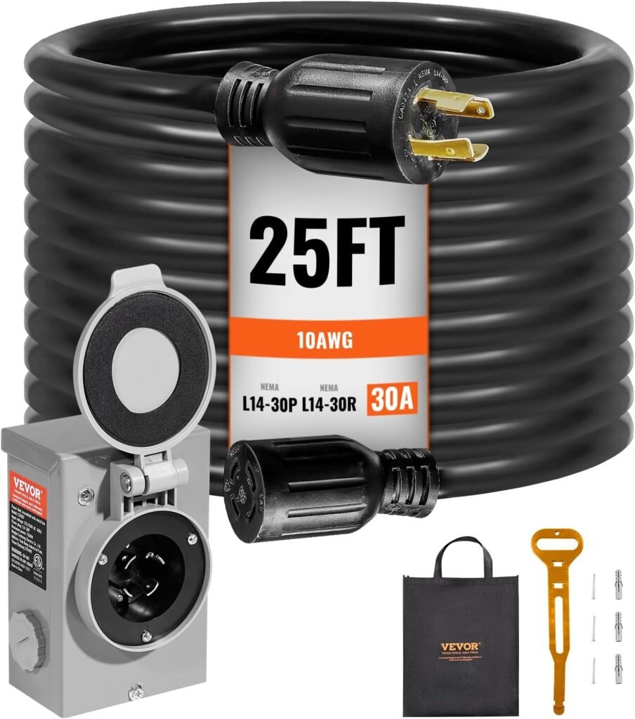VEVOR 30 Amp Generator Cord and Power Inlet Box Kit, 25 FT Generator Extension Cord NEMA L14-30P/L14-30R STW 10 AWG with Twist Lock Connector, Pre-Drilled Inlet Box, ETL Listed VEVOR 30 Amp Generator Cord and Power Inlet Box Kit, 25 FT Generator Extension Cord NEMA L14-30P/L14-30R STW 10 AWG with Twist Lock Connector, Pre-Drilled Inlet Box, ETL Listed