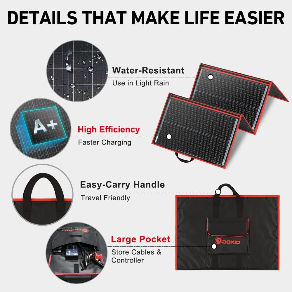 DOKIO 150W Portable Foldable Solar Panel Kit, Compact 21x20in Design 7.3lb with Standalone Controller and USB, Monocrystalline Charger for 12V Batteries, Power Stations, RV Camping Emergency Use DOKIO 150W Portable Foldable Solar Panel Kit, Compact 21x20in Design 7.3lb with Standalone Controller and USB, Monocrystalline Charger for 12V Batteries, Power Stations, RV Camping Emergency Use