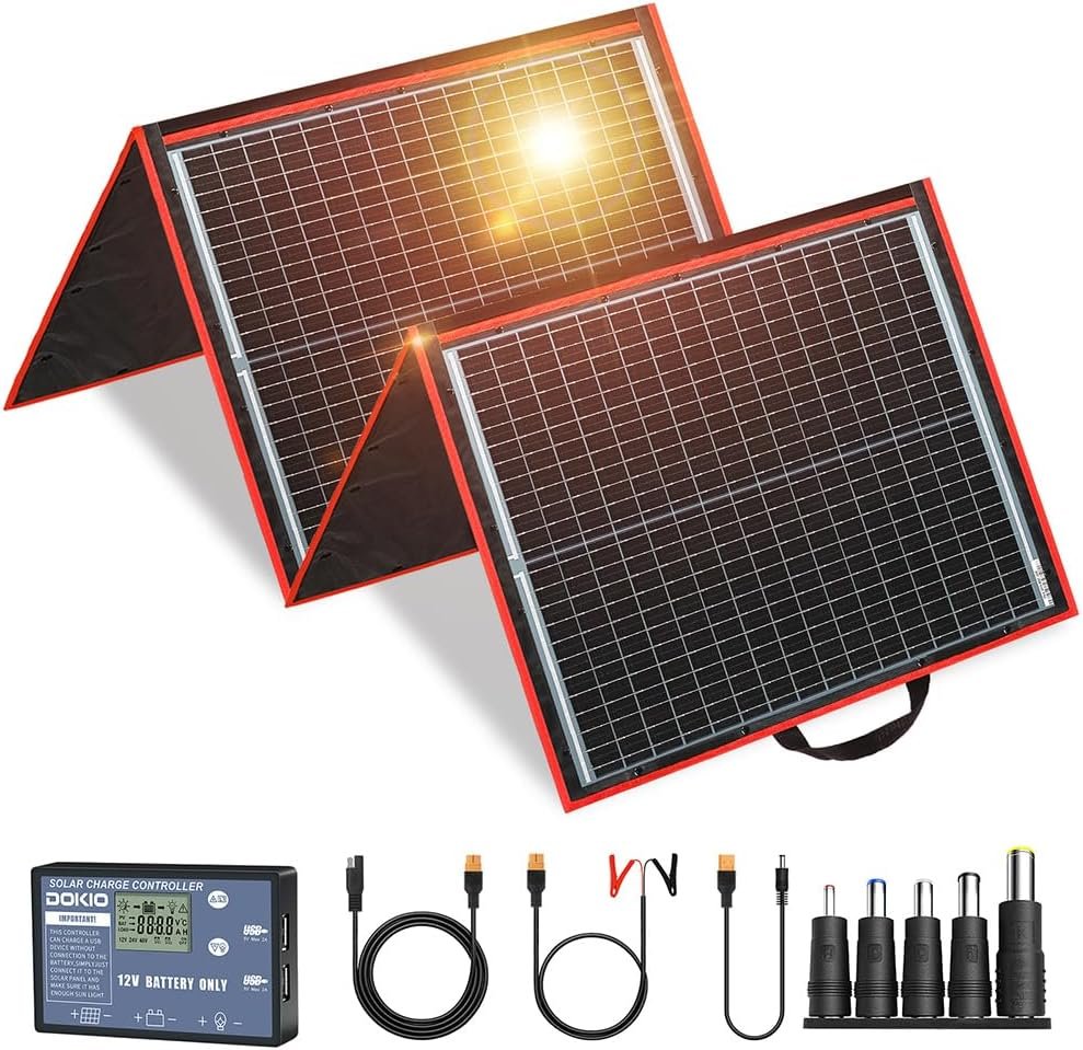 DOKIO 150W Portable Foldable Solar Panel Kit, Compact 21x20in Design 7.3lb with Standalone Controller and USB, Monocrystalline Charger for 12V Batteries, Power Stations, RV Camping Emergency Use DOKIO 150W Portable Foldable Solar Panel Kit, Compact 21x20in Design 7.3lb with Standalone Controller and USB, Monocrystalline Charger for 12V Batteries, Power Stations, RV Camping Emergency Use