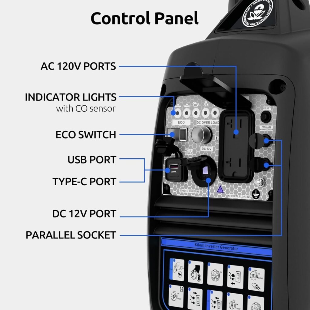 Portable Inverter Generator 2500W Gas Powered, Long Runtime Gas Generators for Home Use, Camping, Super Quiet Emergency Home Backup, with CO Sensor, EPA Compliant Portable Inverter Generator 2500W Gas Powered, Long Runtime Gas Generators for Home Use, Camping, Super Quiet Emergency Home Backup, with CO Sensor, EPA Compliant