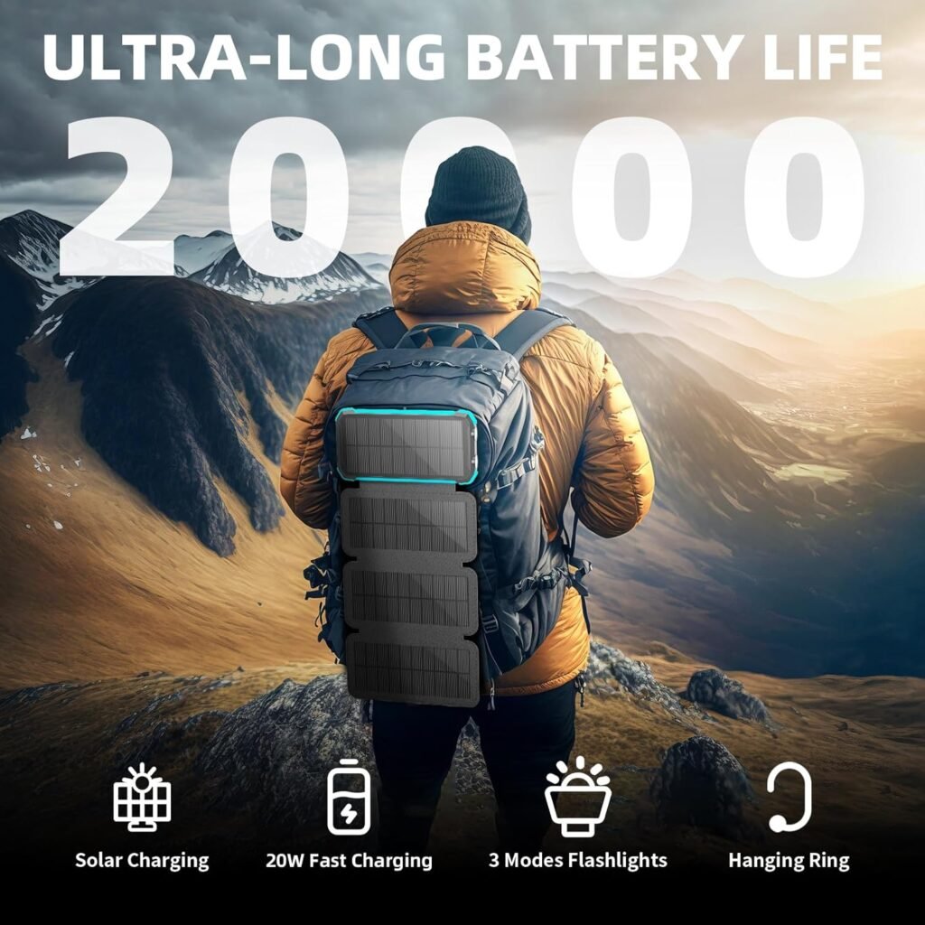 Solar Charger Power Bank 20000mAh, Portable Wireless Charger, 15W Fast Charging External Battery Pack with Dual Flashlight and USB C Outputs. Outdoor Mobile Power Compatible with Cell Phones Solar Charger Power Bank 20000mAh, Portable Wireless Charger, 15W Fast Charging External Battery Pack with Dual Flashlight and USB C Outputs. Outdoor Mobile Power Compatible with Cell Phones