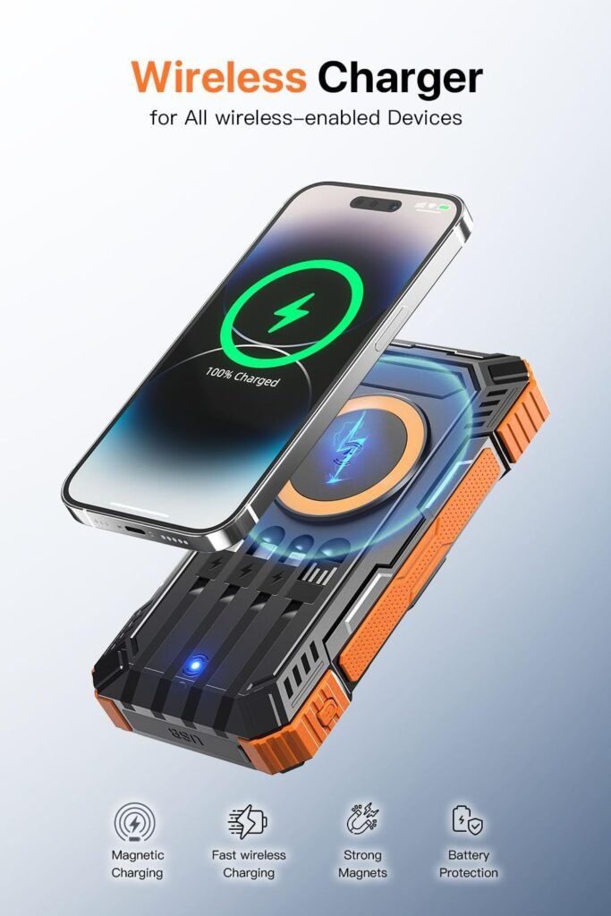 Solar Power Bank 49800mAh Wireless Portable Charger with USB-C 15W Fast Charging with 4 Built-in Cables LED Flashlight Battery Pack Compatible with iPhone, iPad, Galaxy, Perfect for Camping, Hiking Solar Power Bank 49800mAh Wireless Portable Charger with USB-C 15W Fast Charging with 4 Built-in Cables LED Flashlight Battery Pack Compatible with iPhone, iPad, Galaxy, Perfect for Camping, Hiking