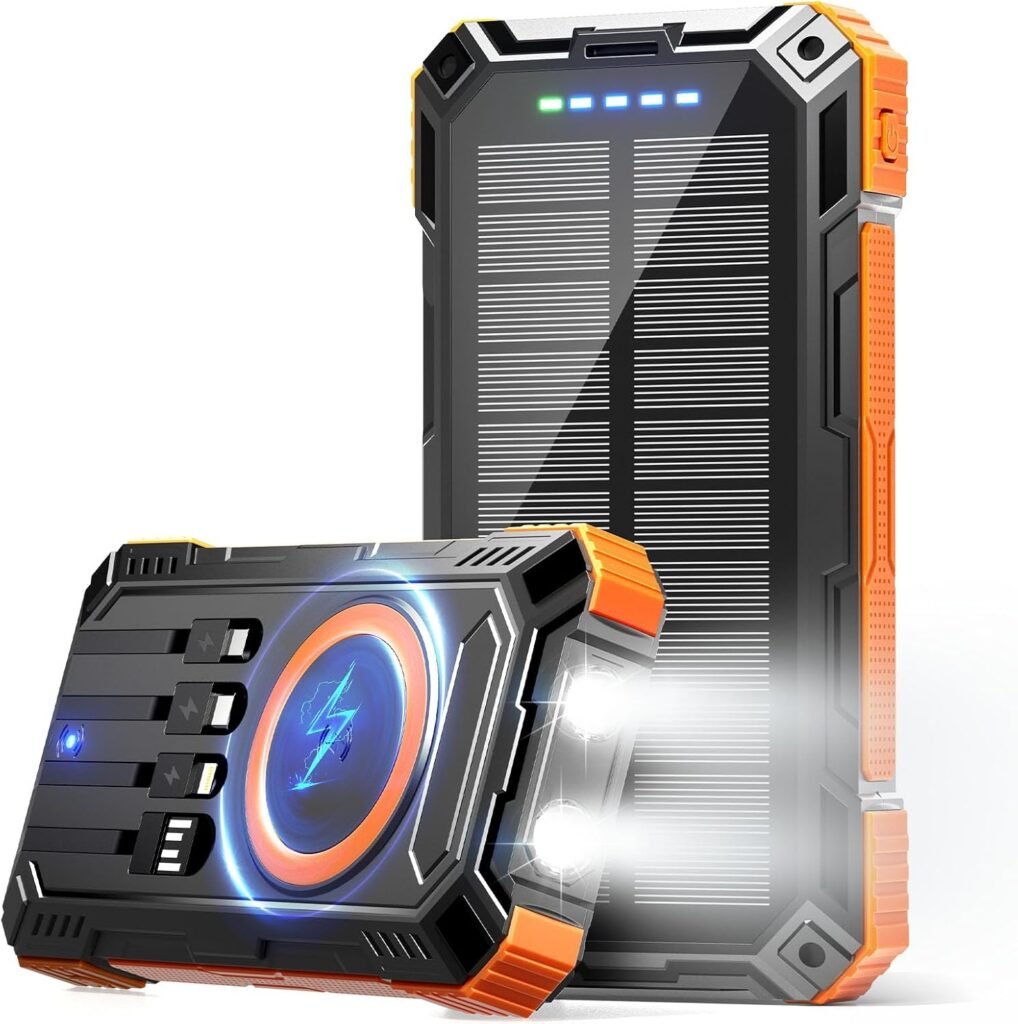 Solar Power Bank 49800mAh Wireless Portable Charger with USB-C 15W Fast Charging with 4 Built-in Cables LED Flashlight Battery Pack Compatible with iPhone, iPad, Galaxy, Perfect for Camping, Hiking Solar Power Bank 49800mAh Wireless Portable Charger with USB-C 15W Fast Charging with 4 Built-in Cables LED Flashlight Battery Pack Compatible with iPhone, iPad, Galaxy, Perfect for Camping, Hiking