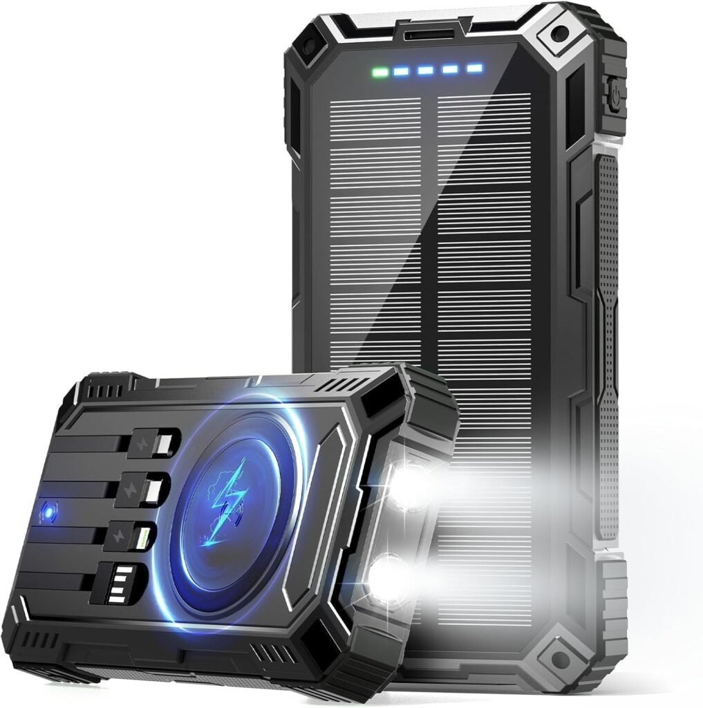 Solar Power Bank 49800mAh Wireless Portable Charger with USB-C 15W Fast Charging with 4 Built-in Cables LED Flashlight Battery Pack Compatible with iPhone, iPad, Galaxy, Perfect for Camping, Hiking Solar Power Bank 49800mAh Wireless Portable Charger with USB-C 15W Fast Charging with 4 Built-in Cables LED Flashlight Battery Pack Compatible with iPhone, iPad, Galaxy, Perfect for Camping, Hiking