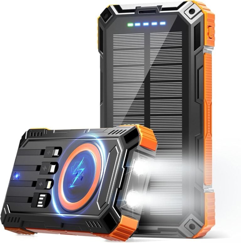 Solar power bank 49800mah wireless portable charger with usb c 15w fast charging with 4 built in cables led flashlight b