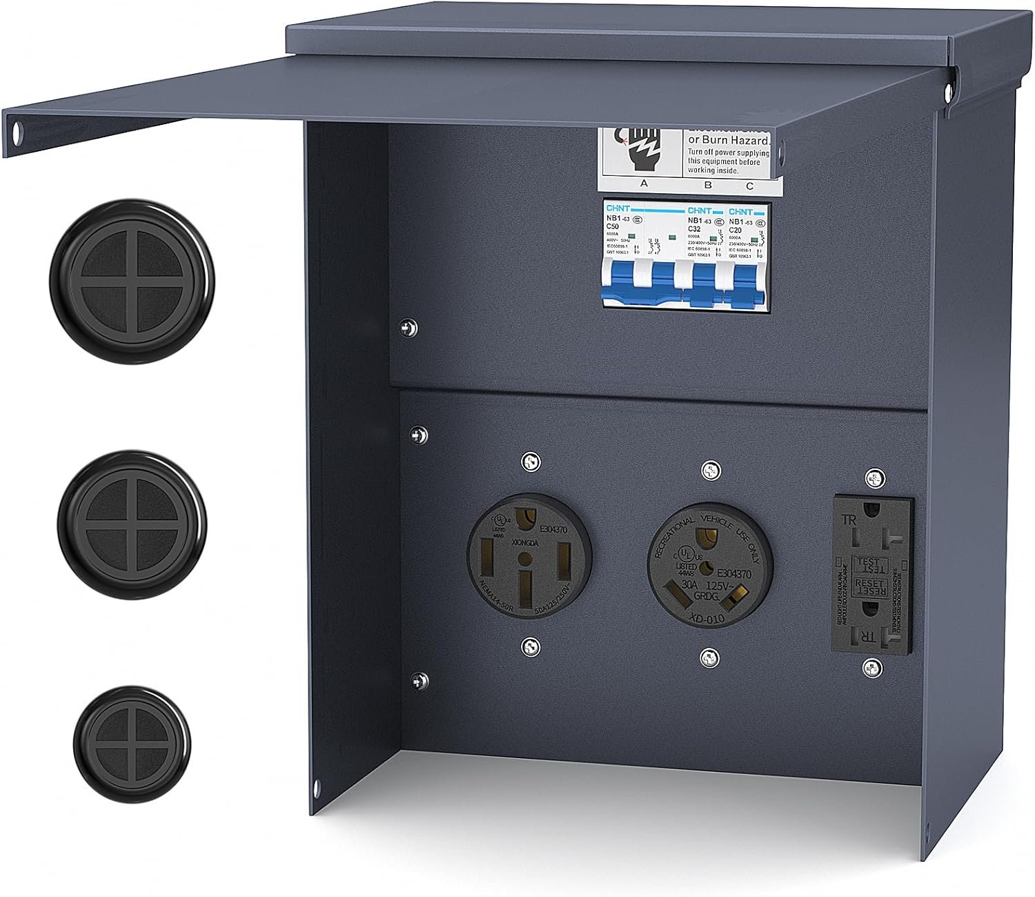 Temporary power outlet panel weatherproof thicker prewired rv electrical panel with ul listed 20 30 50 amp receptacle ou