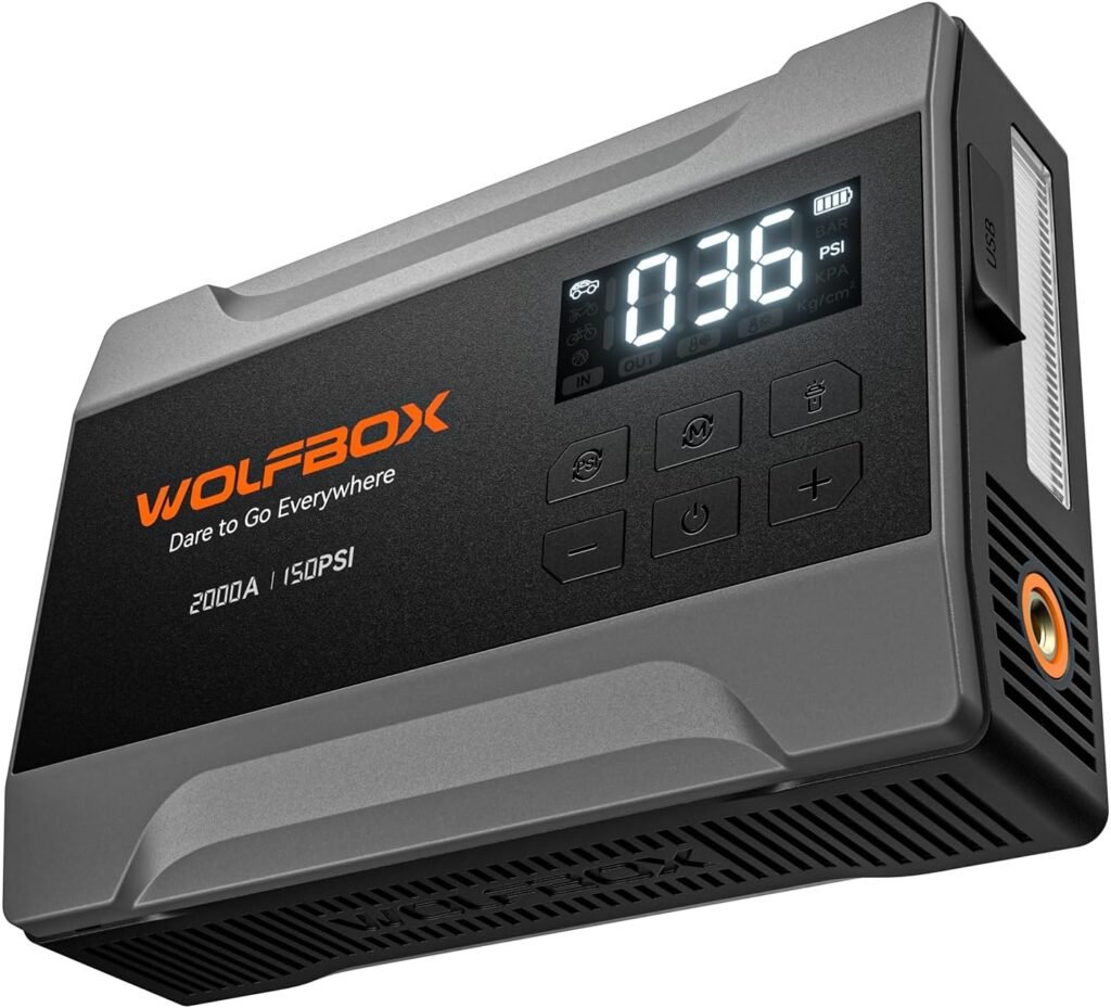 WOLFBOX 3000A Jump Starter with Air Compressor, 16000mAh160PSI Portable Car Battery Jump Starter with 65W Fast Charge, 12V Battery Pack (8L Gas 6L Diesel Engine) with Boost, Light and Jumper Cables WOLFBOX 3000A Jump Starter with Air Compressor, 16000mAh160PSI Portable Car Battery Jump Starter with 65W Fast Charge, 12V Battery Pack (8L Gas 6L Diesel Engine) with Boost, Light and Jumper Cables