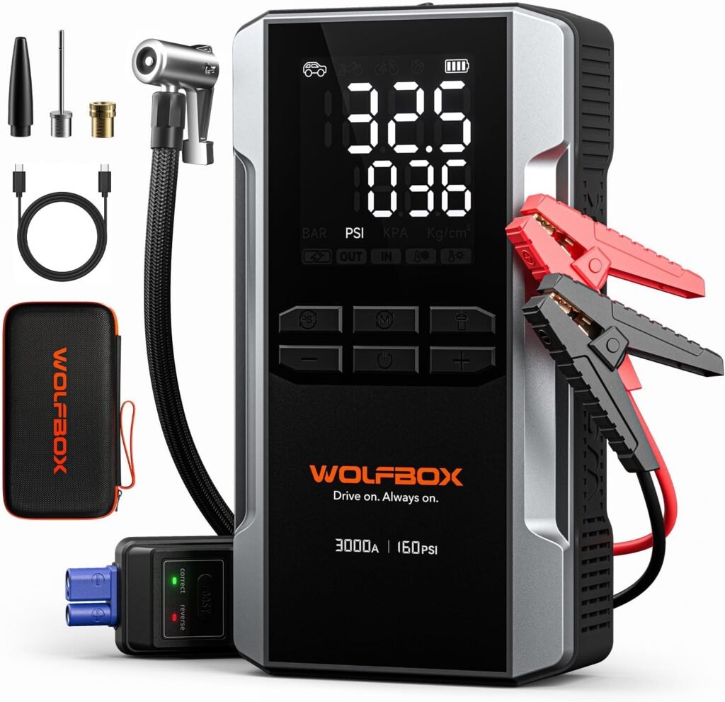 WOLFBOX 3000A Jump Starter with Air Compressor, 16000mAh160PSI Portable Car Battery Jump Starter with 65W Fast Charge, 12V Battery Pack (8L Gas 6L Diesel Engine) with Boost, Light and Jumper Cables WOLFBOX 3000A Jump Starter with Air Compressor, 16000mAh160PSI Portable Car Battery Jump Starter with 65W Fast Charge, 12V Battery Pack (8L Gas 6L Diesel Engine) with Boost, Light and Jumper Cables