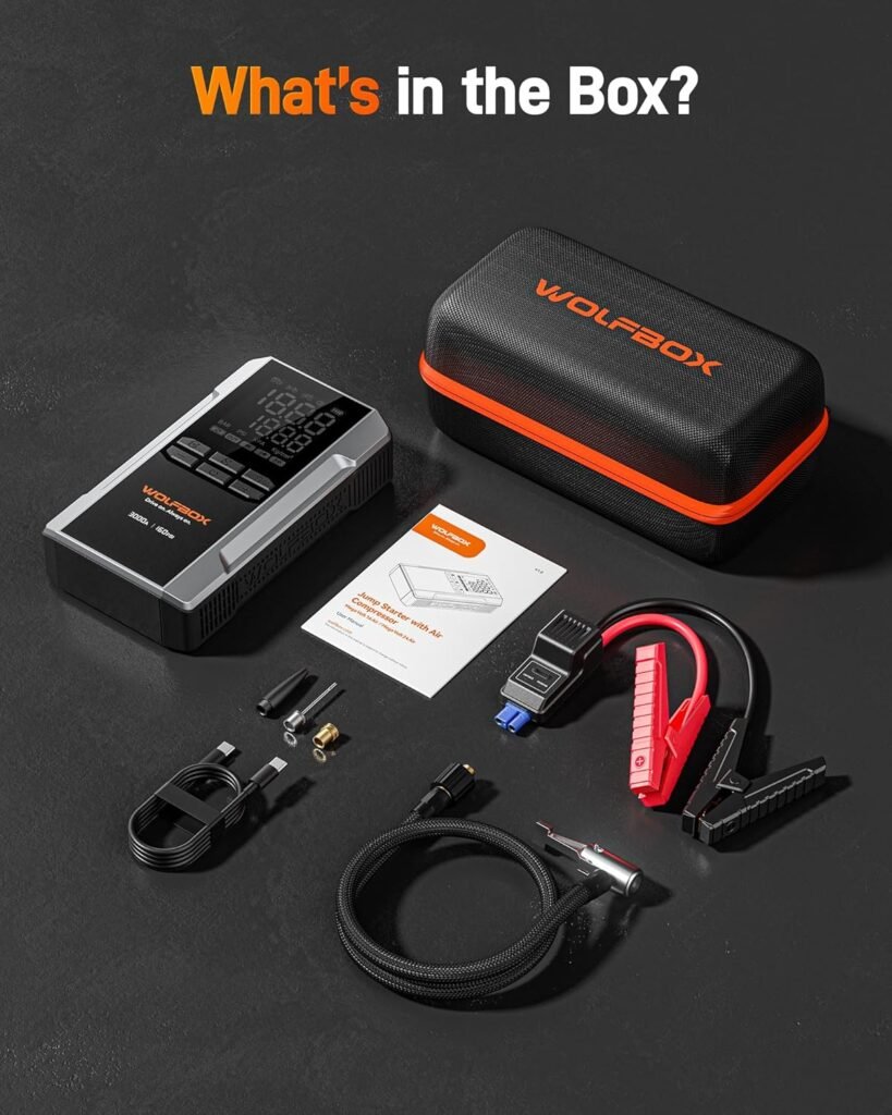 WOLFBOX 3000A Jump Starter with Air Compressor, 16000mAh160PSI Portable Car Battery Jump Starter with 65W Fast Charge, 12V Battery Pack (8L Gas 6L Diesel Engine) with Boost, Light and Jumper Cables WOLFBOX 3000A Jump Starter with Air Compressor, 16000mAh160PSI Portable Car Battery Jump Starter with 65W Fast Charge, 12V Battery Pack (8L Gas 6L Diesel Engine) with Boost, Light and Jumper Cables