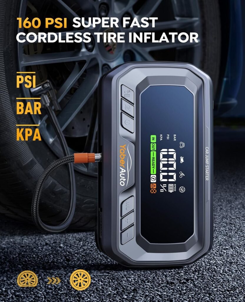 YaberAuto 10-in-1 Jump Starter with Air Compressor 8000A 160PSI 65W Charging, Portable Car Battery Jump Starter (All Gas/12L Diesel) Jump Box Car Battery Jumper Starter Portable Jumper Cables, 160W DC YaberAuto 10-in-1 Jump Starter with Air Compressor 8000A 160PSI 65W Charging, Portable Car Battery Jump Starter (All Gas/12L Diesel) Jump Box Car Battery Jumper Starter Portable Jumper Cables, 160W DC