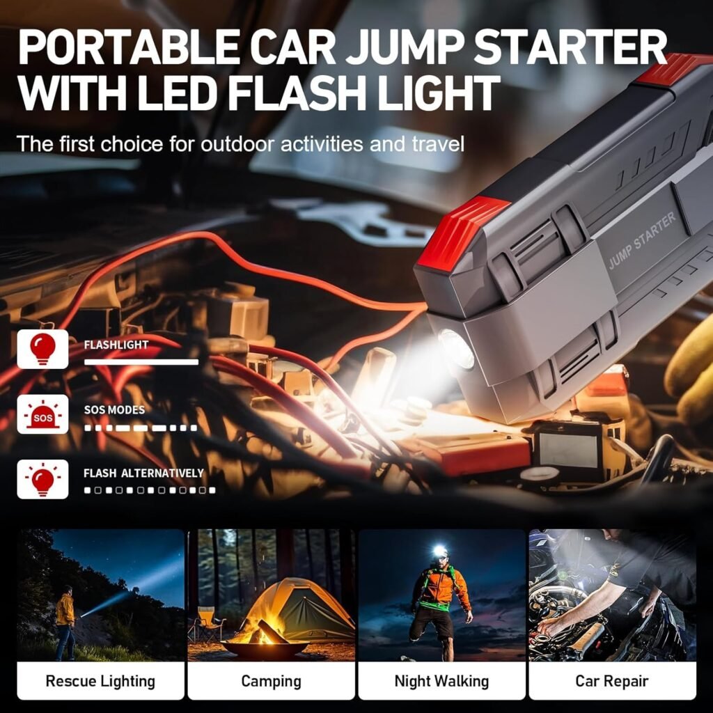 4000A Car Battery Jump Starter, Portable Car Jump Starter for Up to 10L Gas and 8L Diesel Engines, 12V Jump Box with 3 Modes Flashlight and Jumper Cable