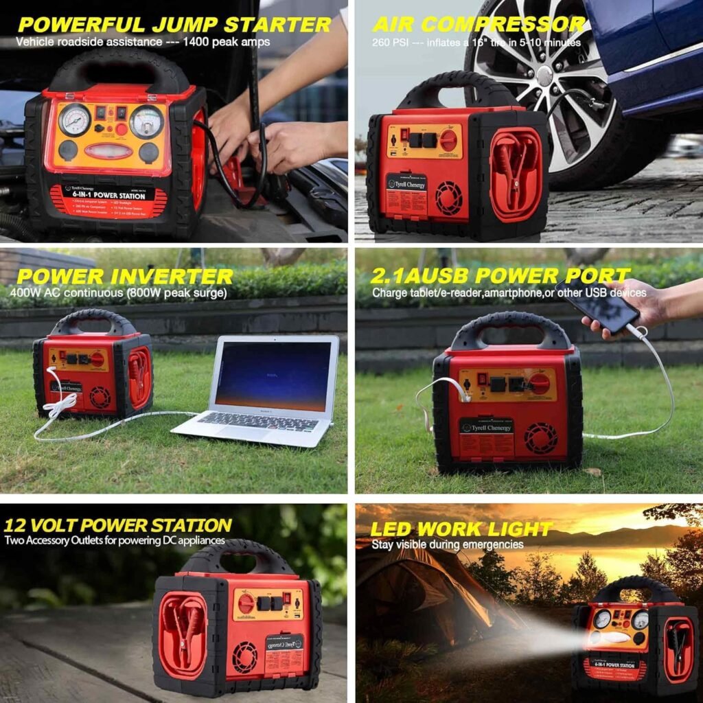 2200 Amp Car Jump Starter with Air Compressor,Portable Power Station with 260 PSI Tire Inflator,400W Power Inverter Dual AC/DC Ports,2.1A USB Port,Battery Clamps
