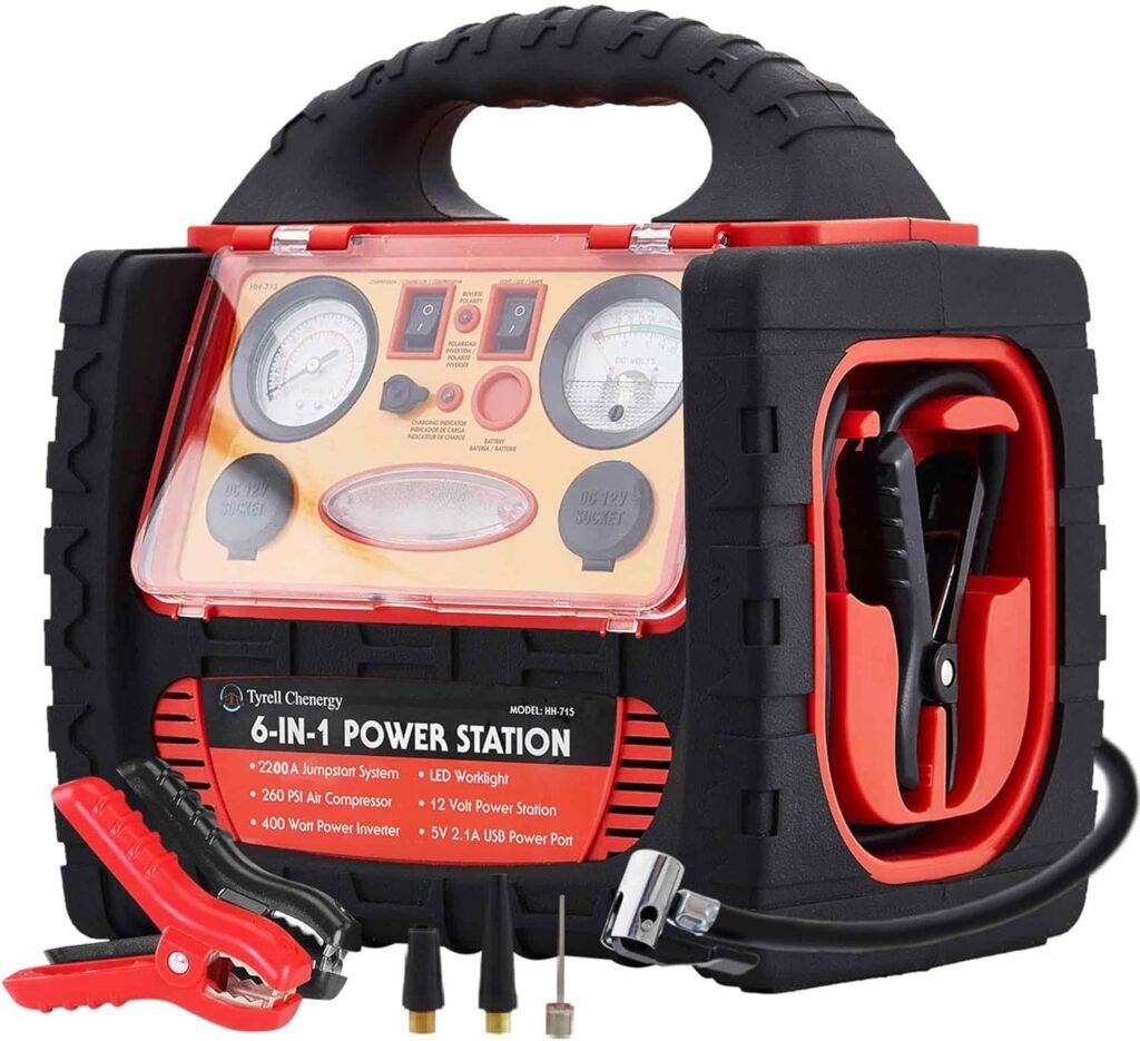 2200 Amp Car Jump Starter with Air Compressor,Portable Power Station with 260 PSI Tire Inflator,400W Power Inverter Dual AC/DC Ports,2.1A USB Port,Battery Clamps