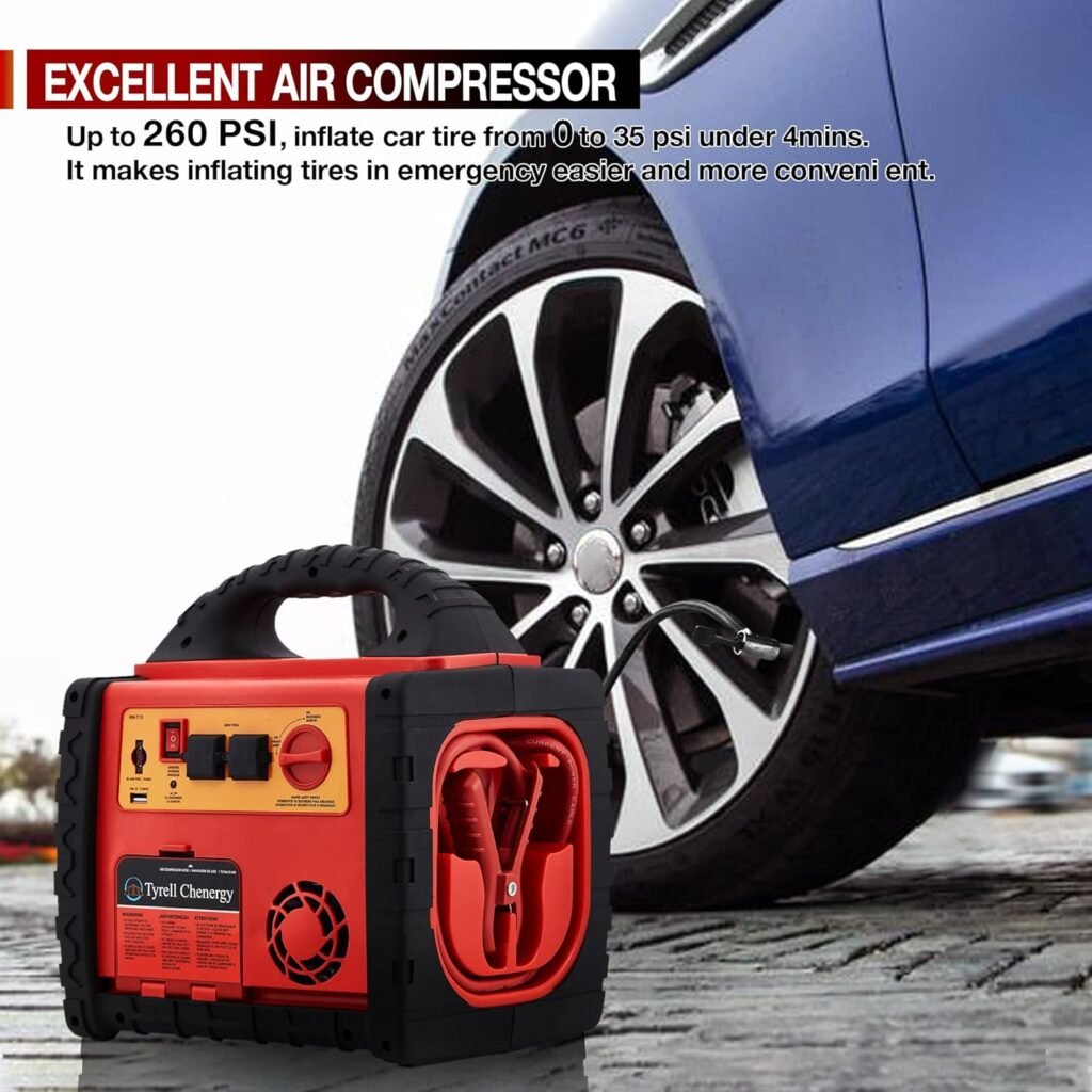 2200 Amp Car Jump Starter with Air Compressor,Portable Power Station with 260 PSI Tire Inflator,400W Power Inverter Dual AC/DC Ports,2.1A USB Port,Battery Clamps