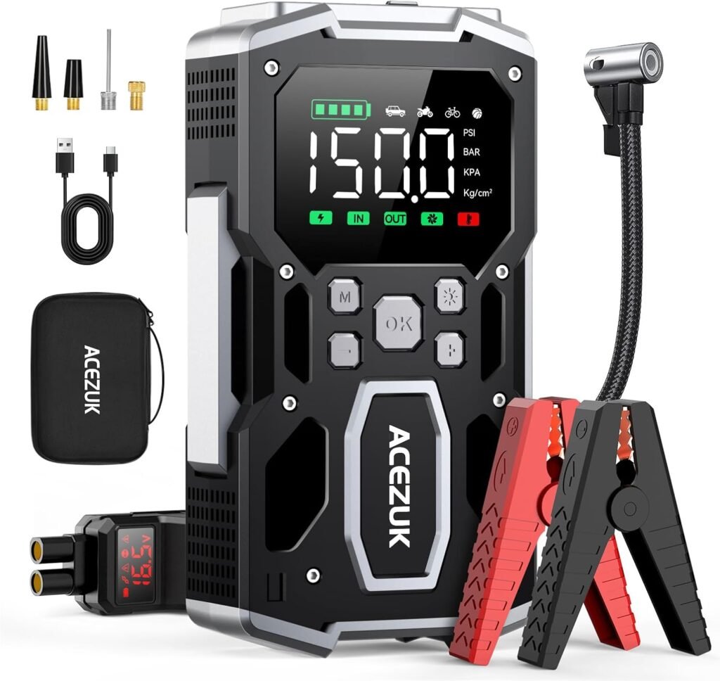 Portable Car Jump Starter with Air Compressor, ACEZUK 150PSI 8000A Jump Starter (All Gas/10.0L Diesel), 12V Battery Jump Box Car Battery Jumper Starter with 3.4 LCD Display, 2 Lights