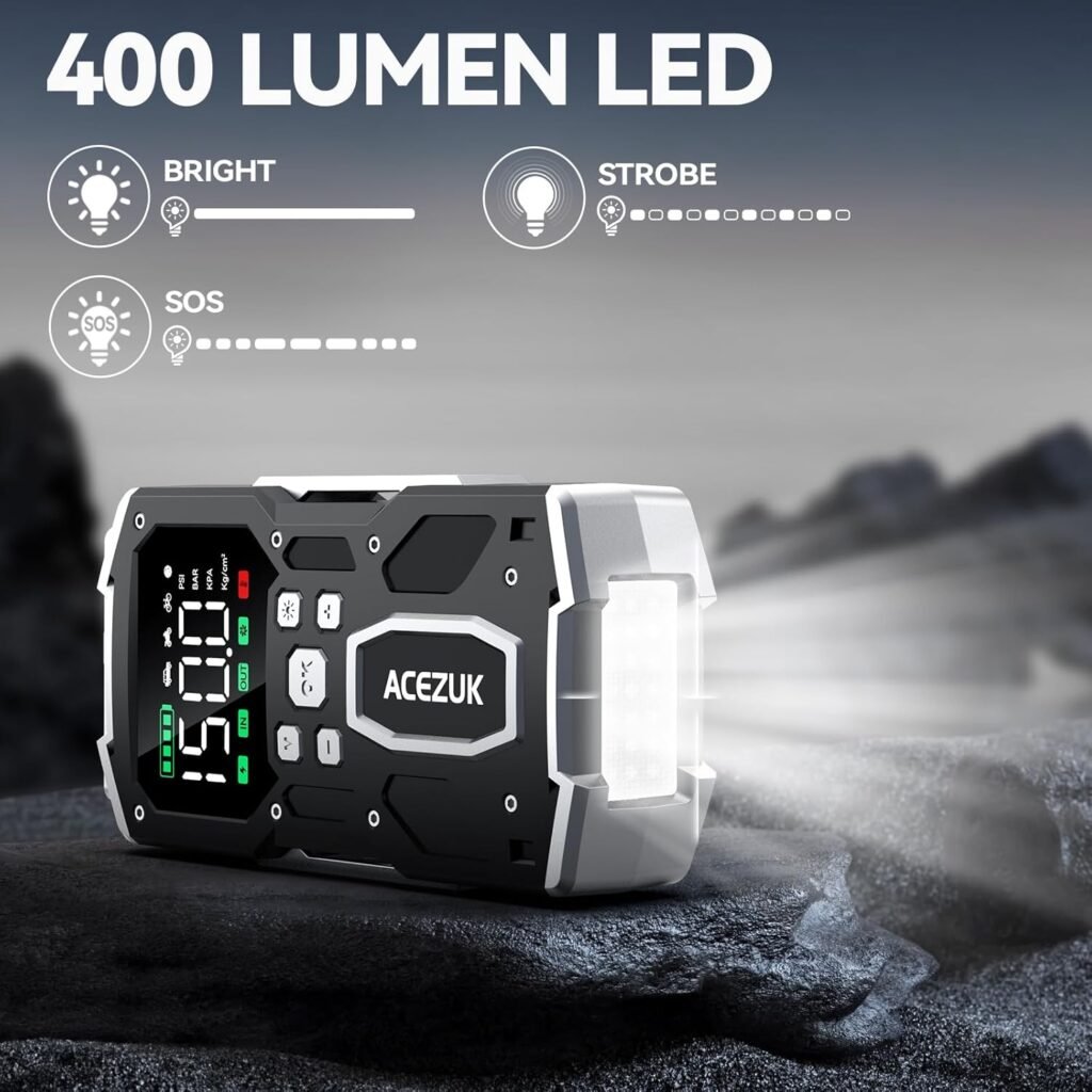 Portable Car Jump Starter with Air Compressor, ACEZUK 150PSI 8000A Jump Starter (All Gas/10.0L Diesel), 12V Battery Jump Box Car Battery Jumper Starter with 3.4 LCD Display, 2 Lights