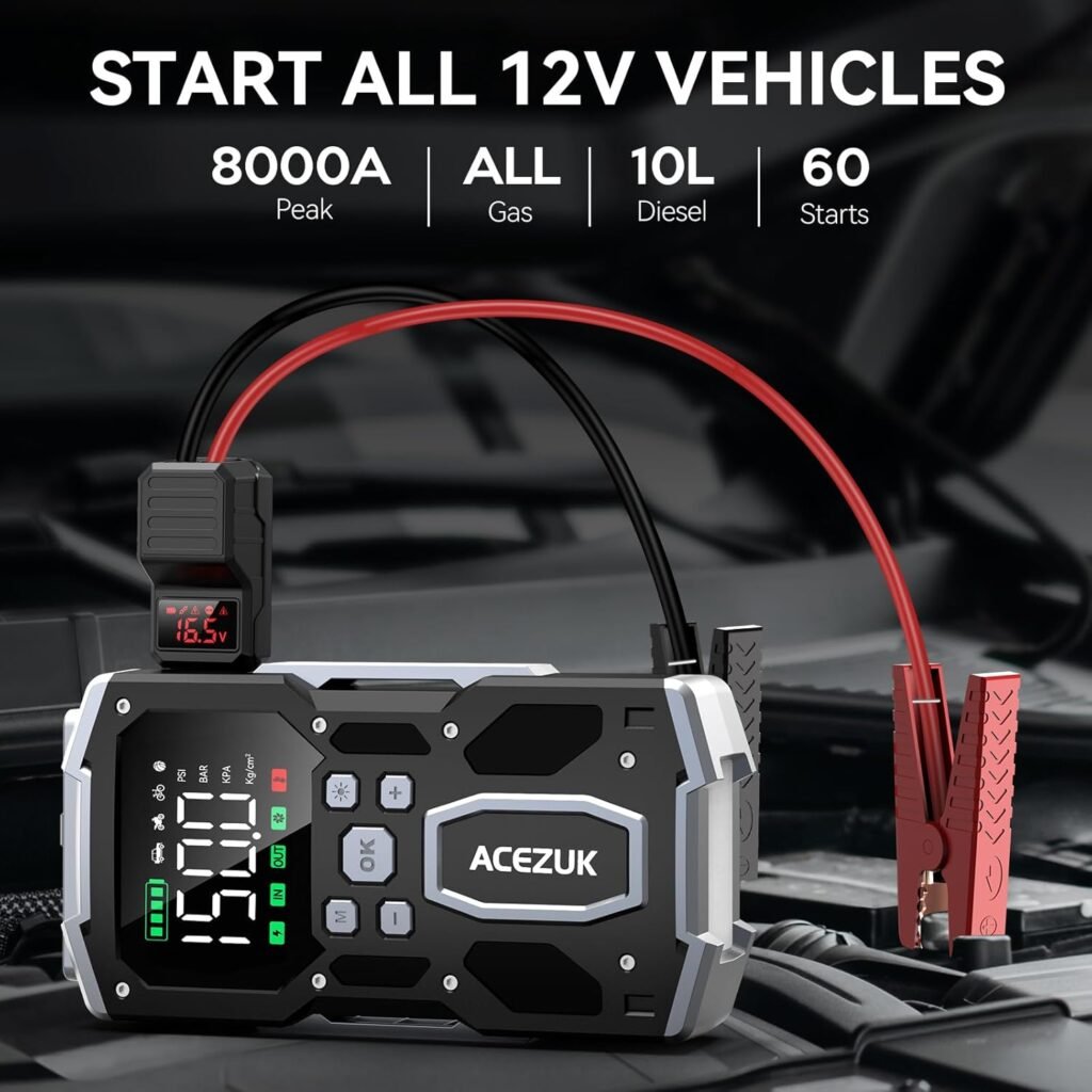Portable Car Jump Starter with Air Compressor, ACEZUK 150PSI 8000A Jump Starter (All Gas/10.0L Diesel), 12V Battery Jump Box Car Battery Jumper Starter with 3.4 LCD Display, 2 Lights